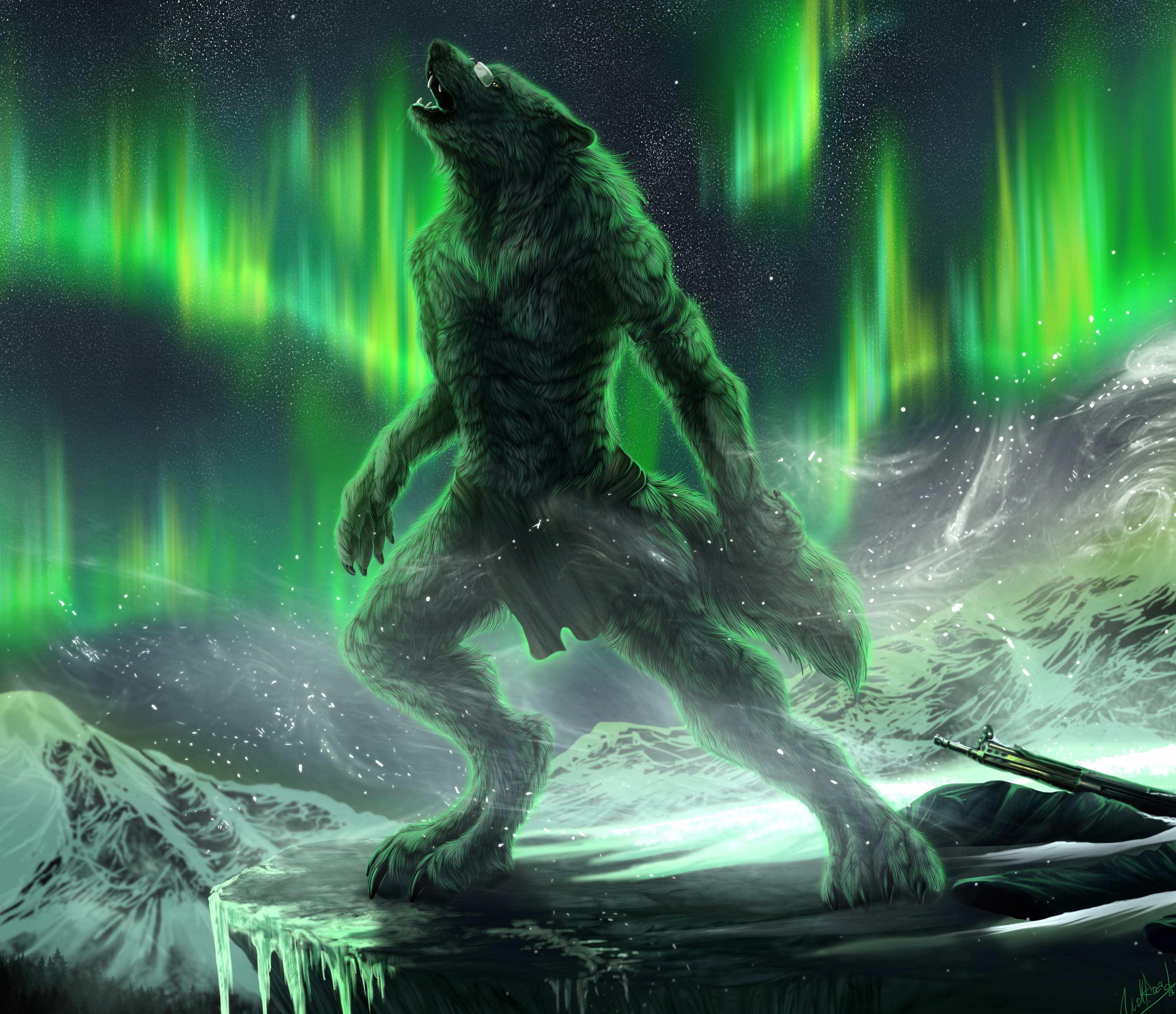 Creature Mountain Aurora Borealis Night Dark Werewolf wallpapers HD quality