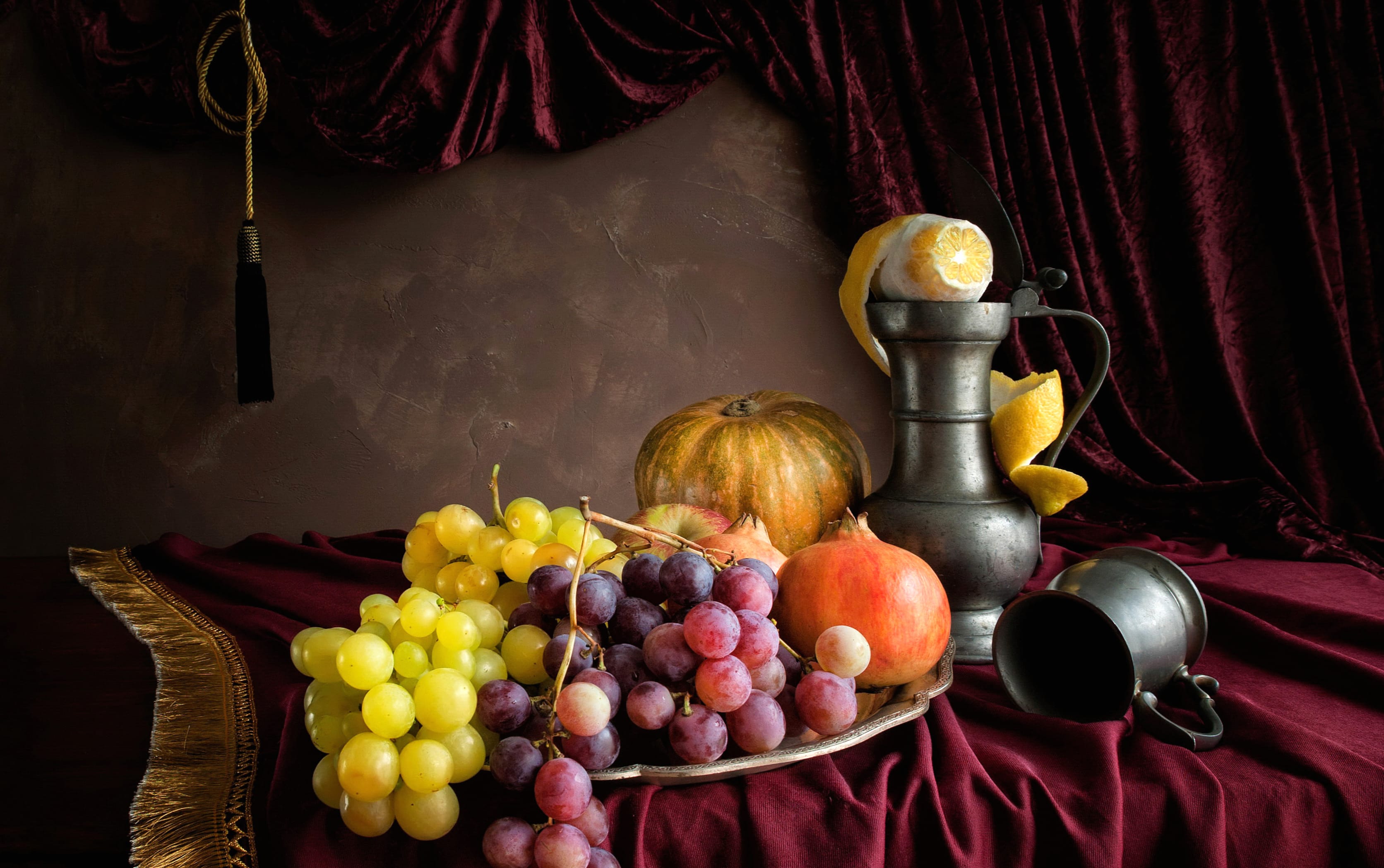 Cup Pitcher Gourd Grapes Curtain Fruit Photography Still Life wallpapers HD quality