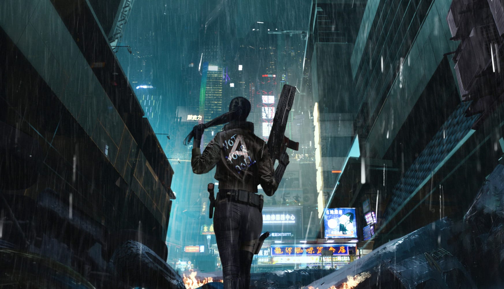 Cyberpunk Rain Sci-Fi Street Heroine at 1536 x 864 HD size wallpapers HD quality