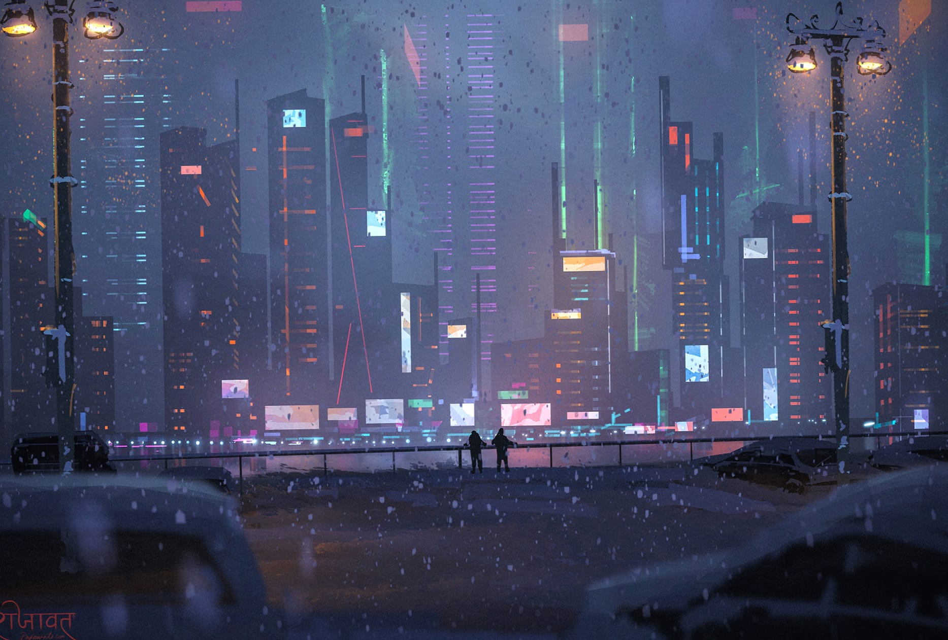 Cyberpunk Winter Night Cityscape wallpapers HD quality