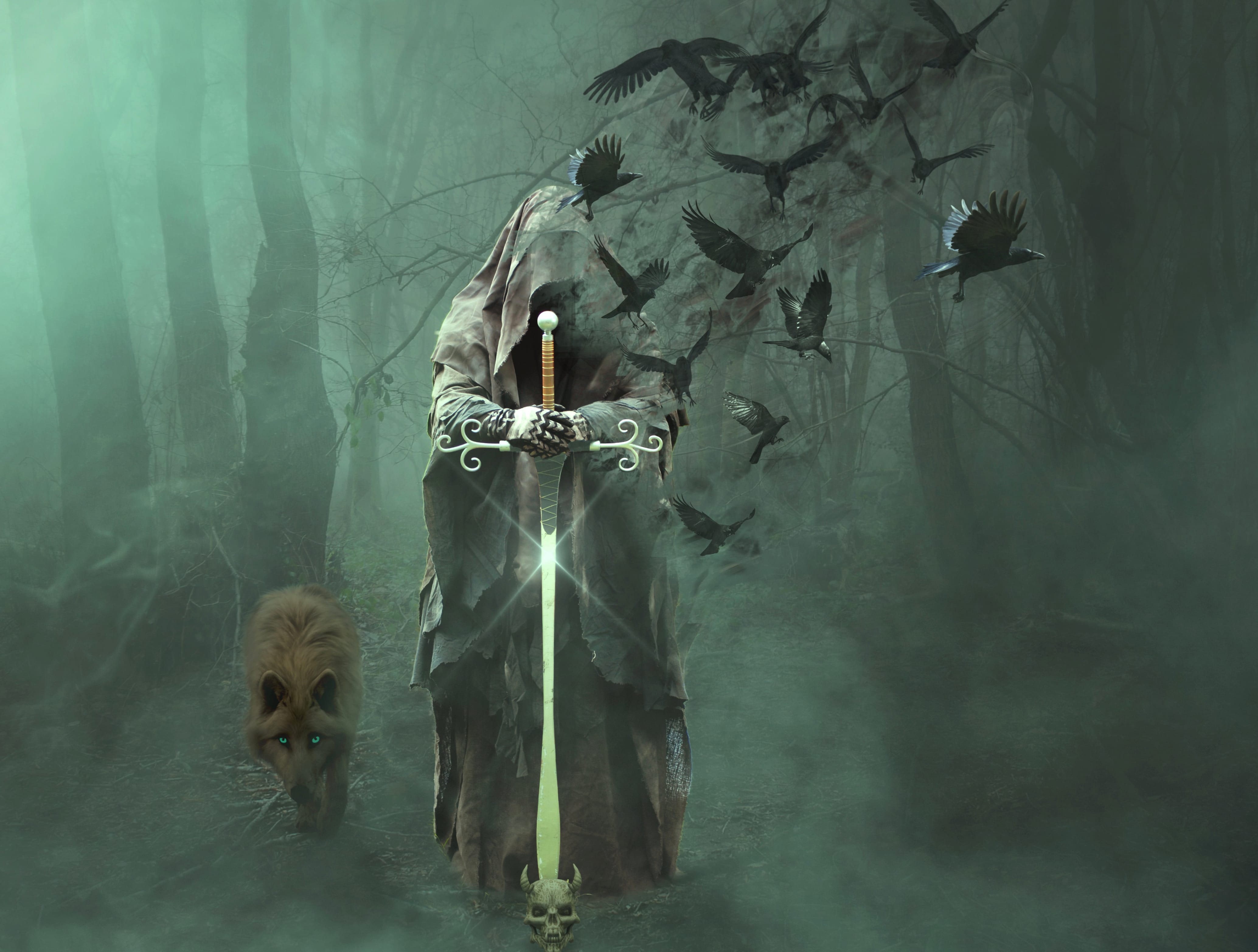 Dark Fantasy Skull, Crow, Sword & Wolf - wallpapers HD quality