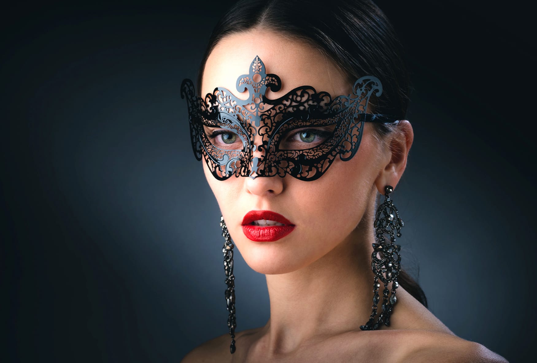 Elegant Masked Beauty of a Brunette with Green Eyes wallpapers HD quality