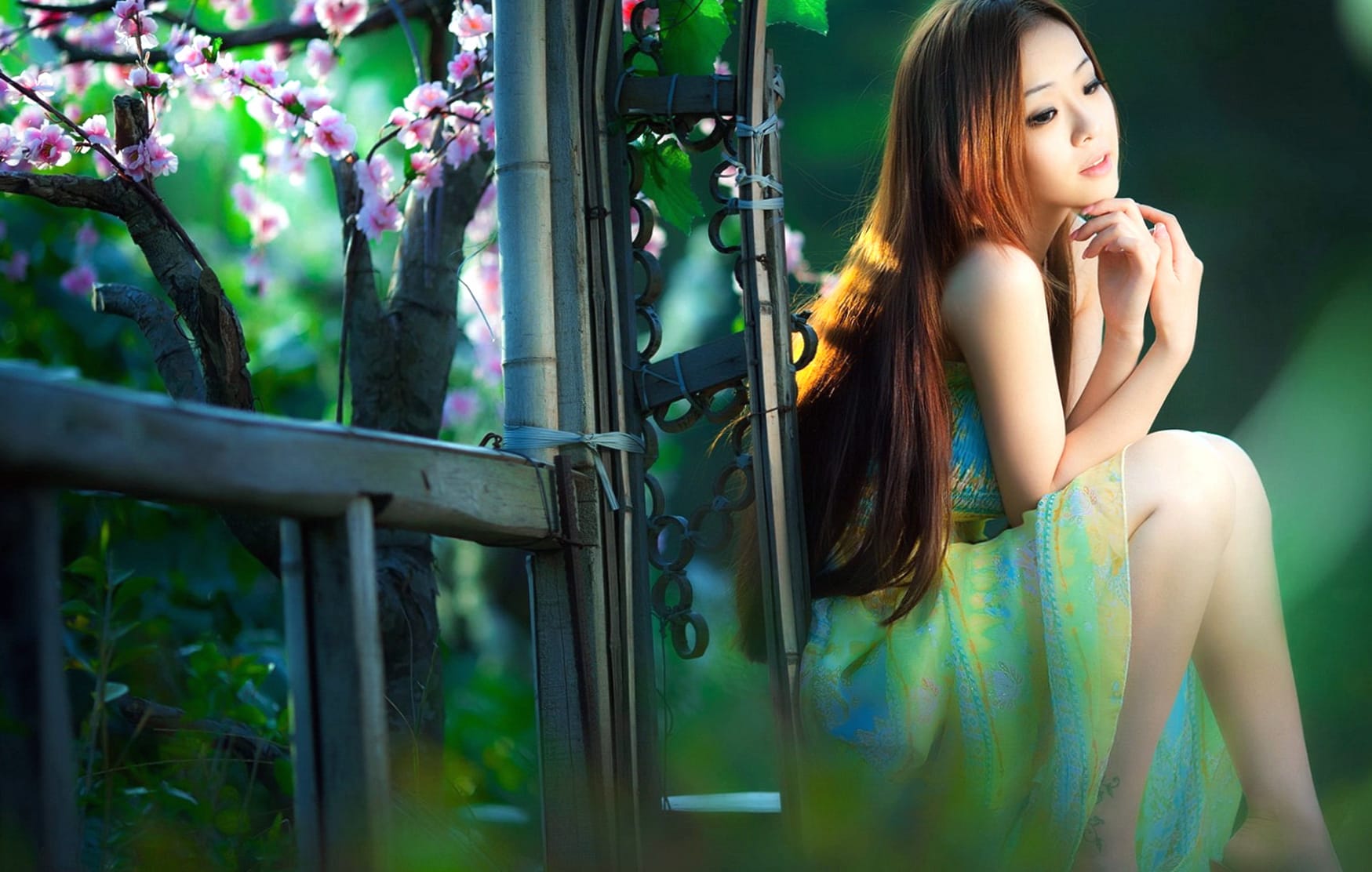 Elegant Model in Blossoming Garden at 2560 x 1440 HD size wallpapers HD quality