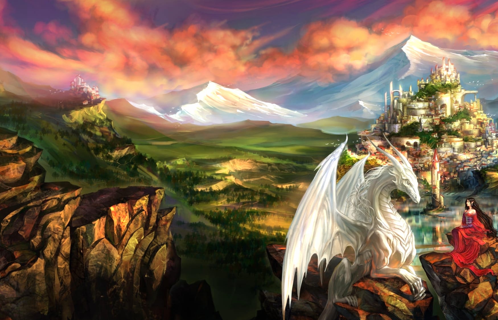 Elven Castle & Dragon - Fantasy Landscape at 1152 x 864 size wallpapers HD quality