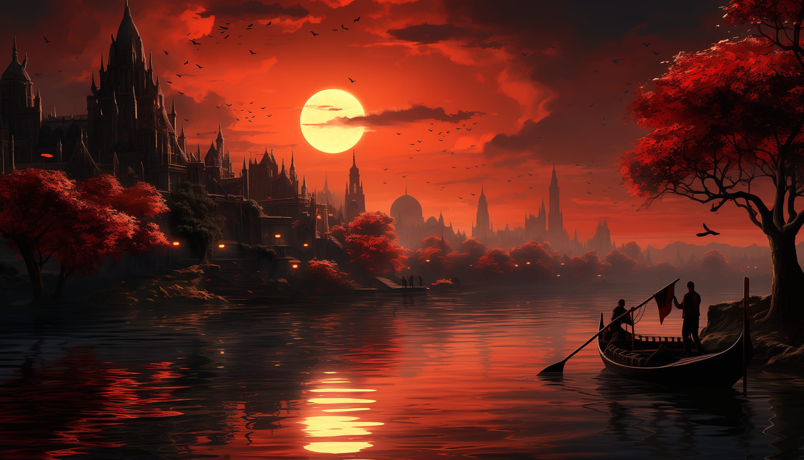 Enchanted Castle and Gondola River Sunset wallpapers HD quality