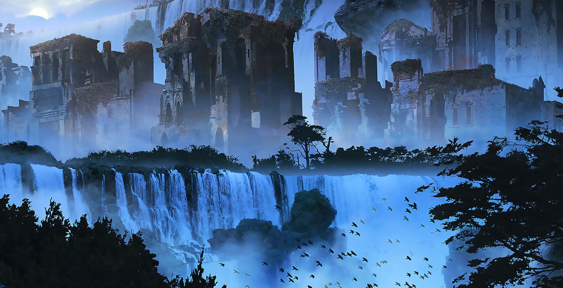 Enchanted Ruins Fantasy Waterfall at 2048 x 2048 iPad size wallpapers HD quality