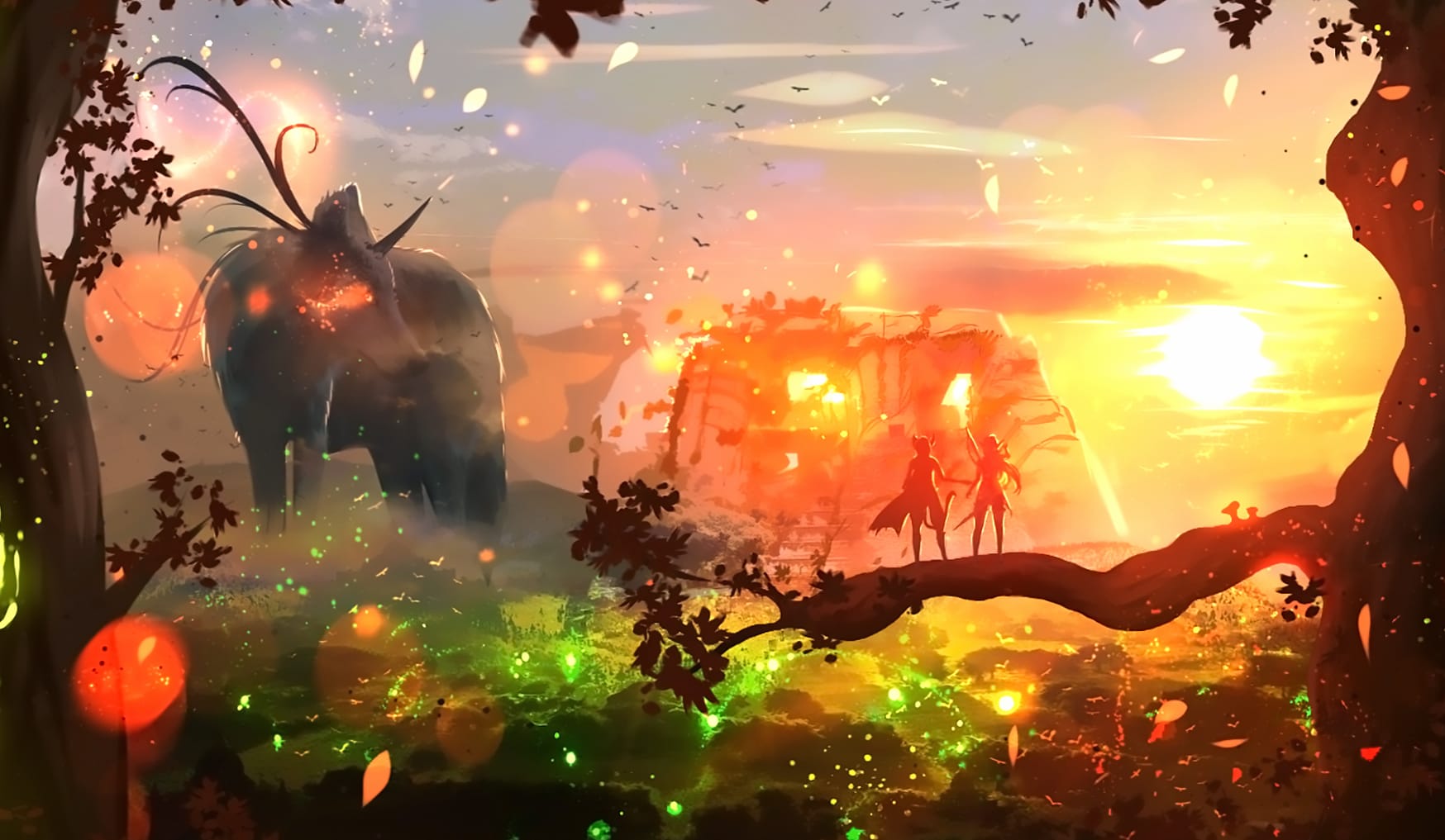 Enchanted Sunset Fantasy Tree Anime at 1366 x 768 HD size wallpapers HD quality