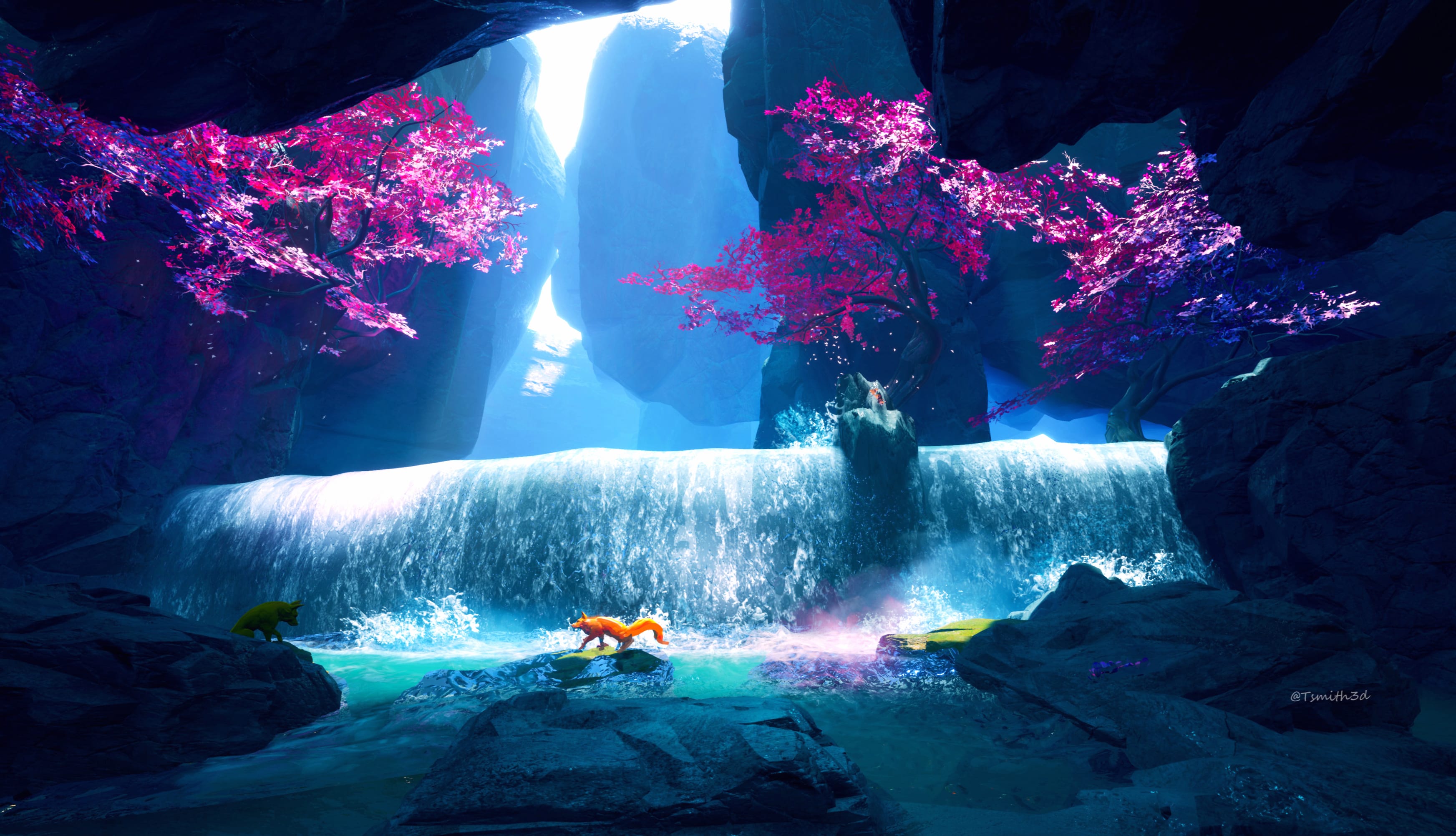 Enchanted Waterfall with Fox - wallpapers HD quality