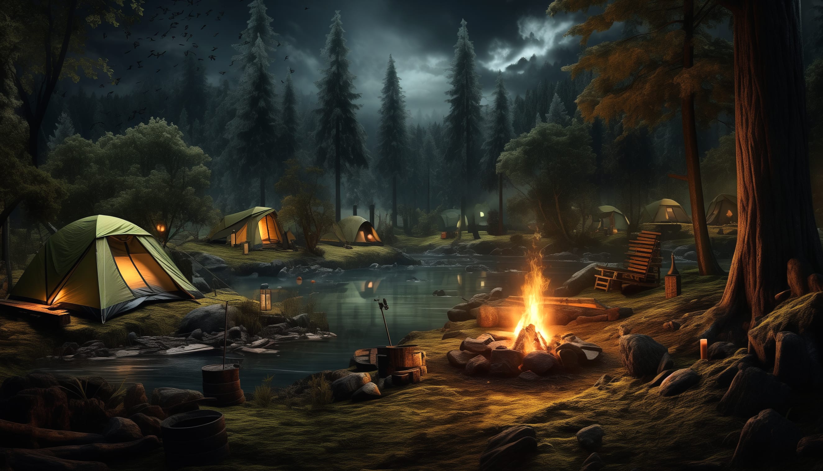 Enchanting Forest Camping Bonfire at 1024 x 1024 iPad size wallpapers HD quality