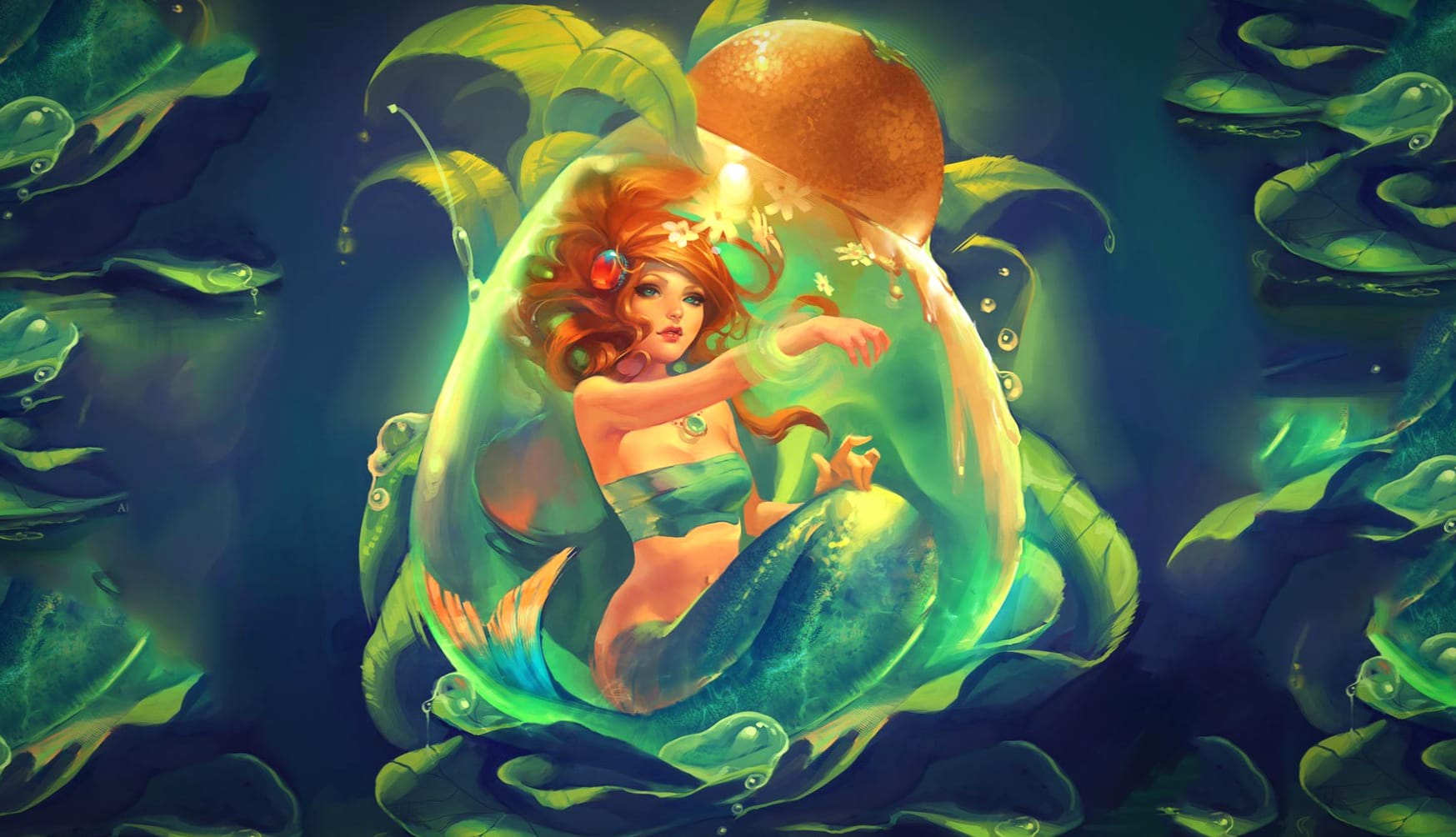 Enchanting Underwater Fantasy of a Mermaid in Magic Leaves at 320 x 480 iPhone size wallpapers HD quality