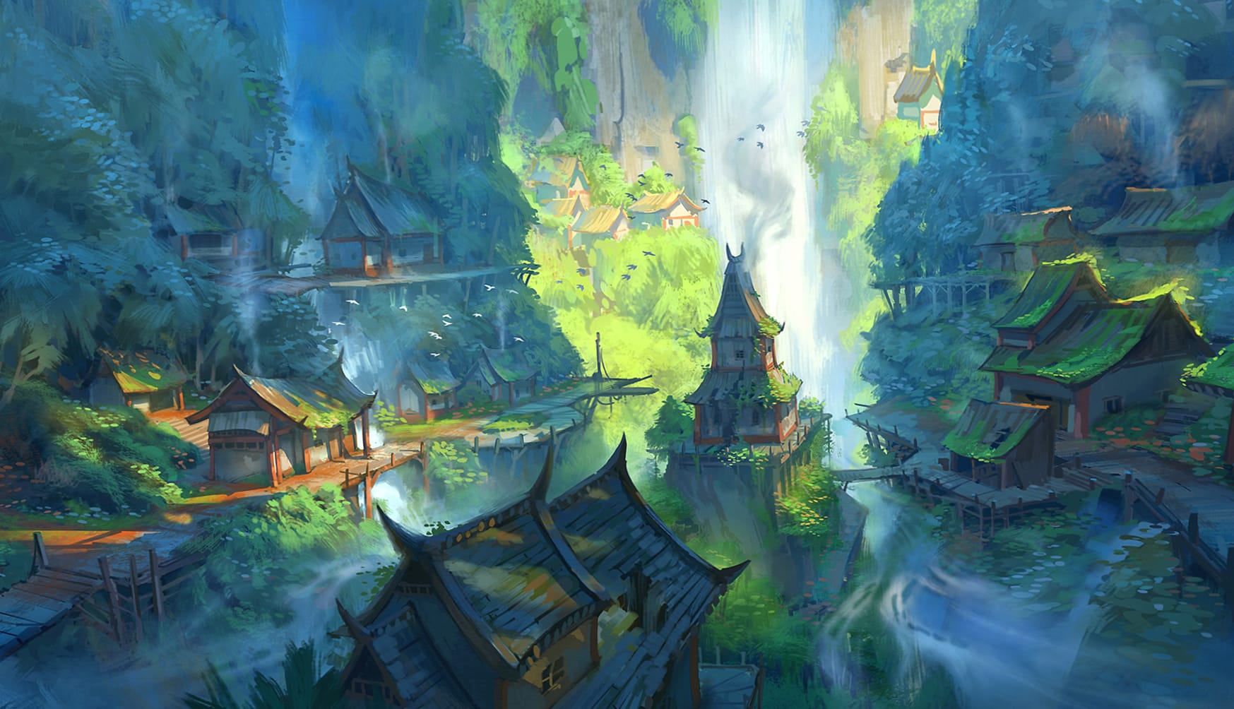 Enchanting Waterfall City - Fantasy wallpapers HD quality