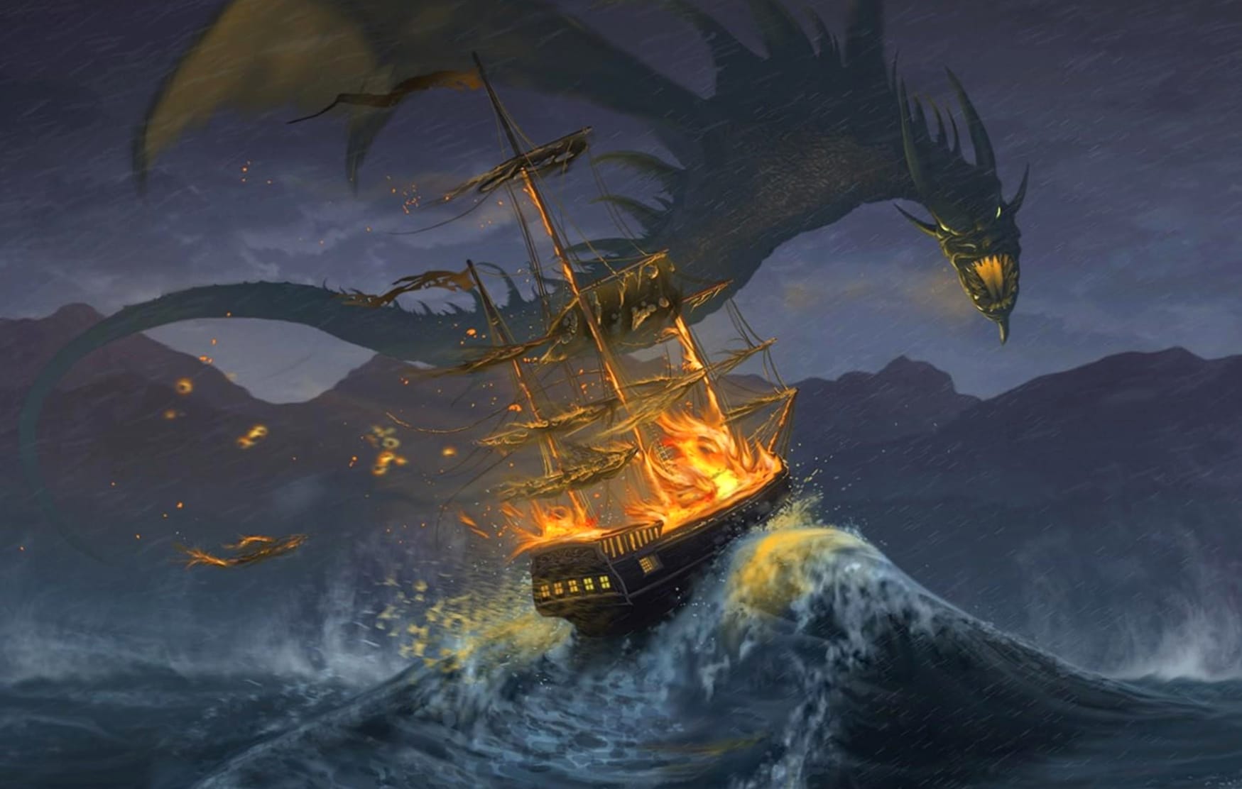 Epic Fantasy Dragon Inferno on the High Seas at 1024 x 1024 iPad size wallpapers HD quality