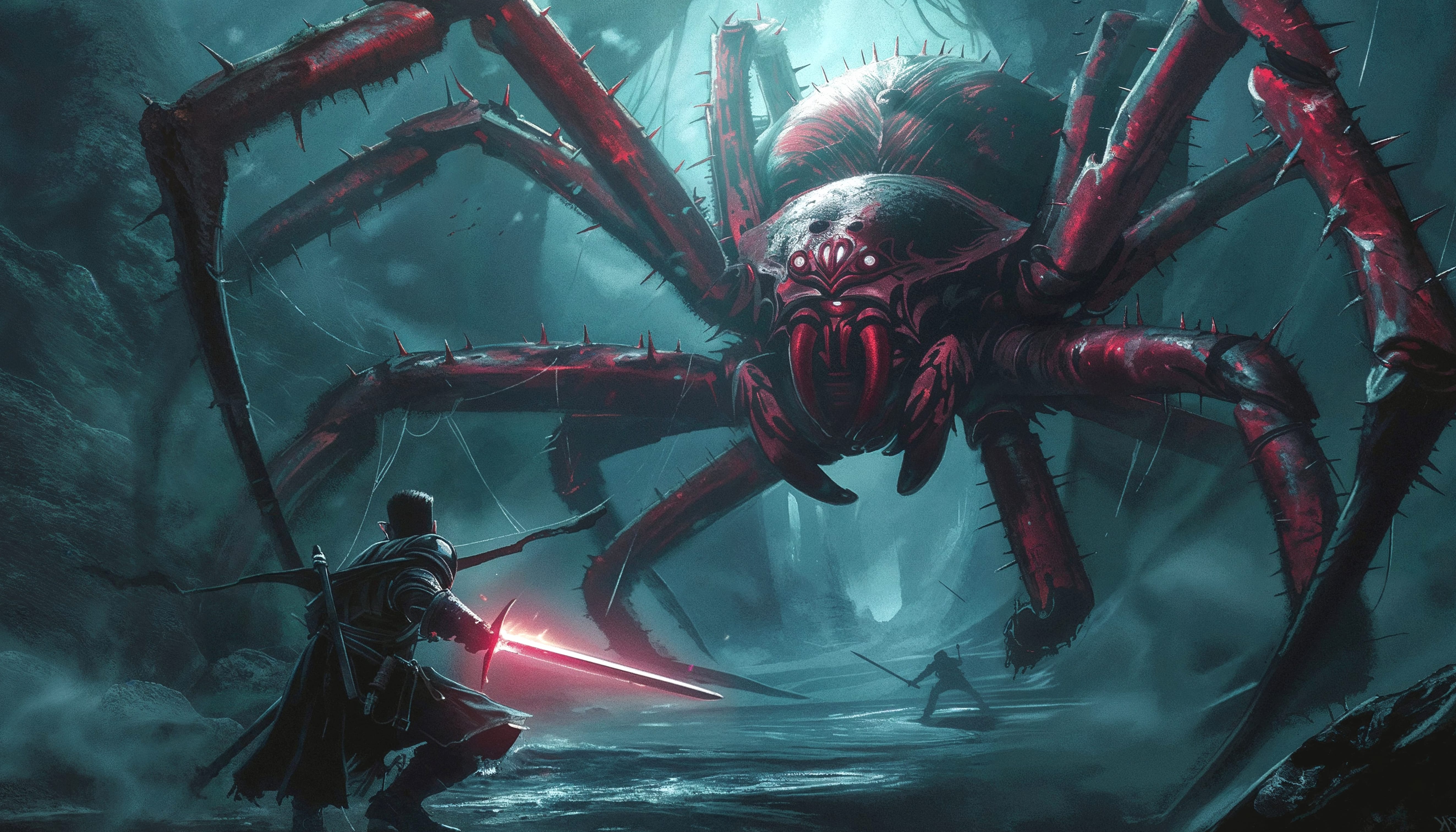 Epic Fantasy Showdown Warrior vs. Giant Spider wallpapers HD quality