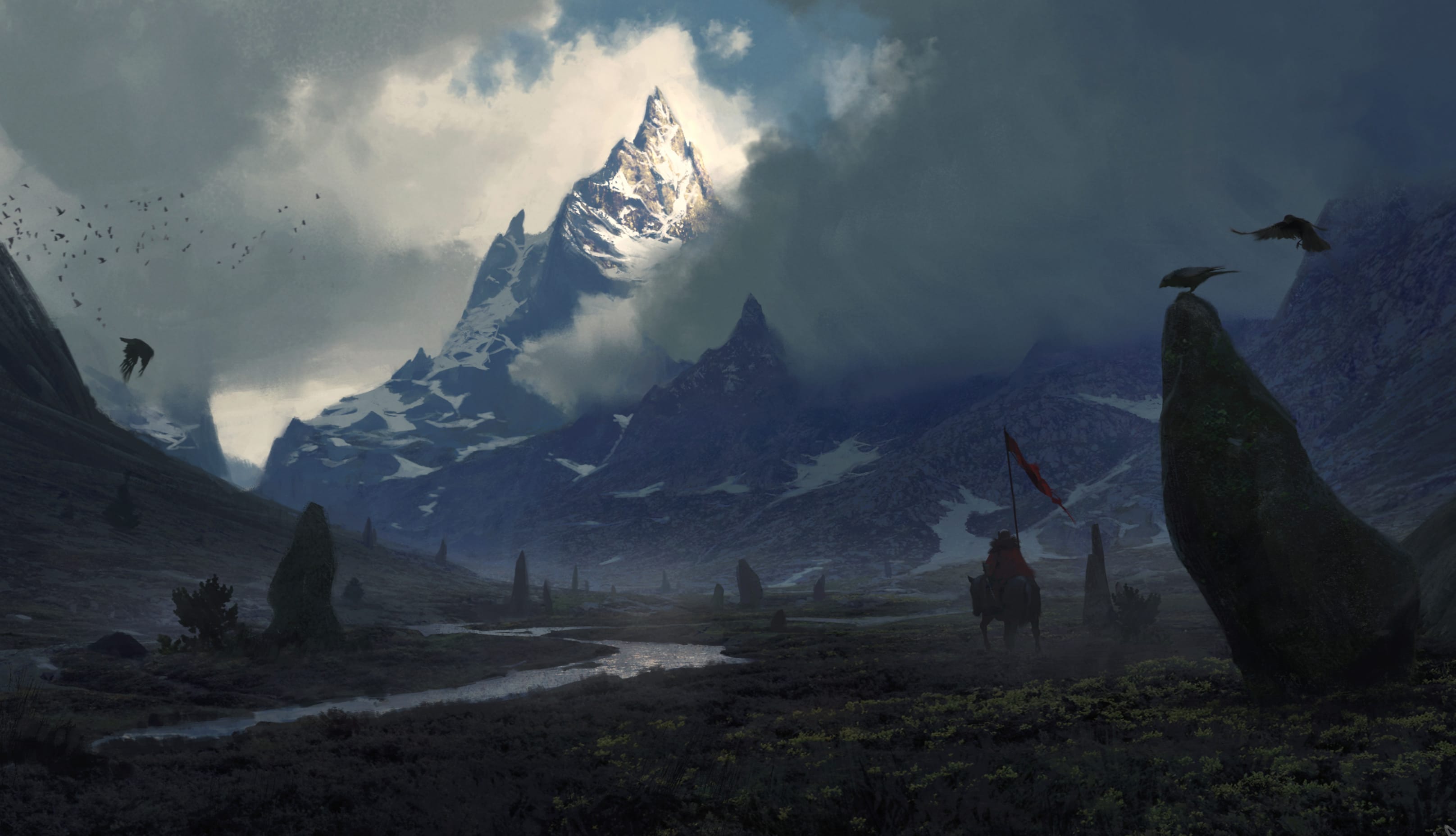 Epic Fantasy Warrior at the Mountain Peak - at 2560 x 1440 HD size wallpapers HD quality