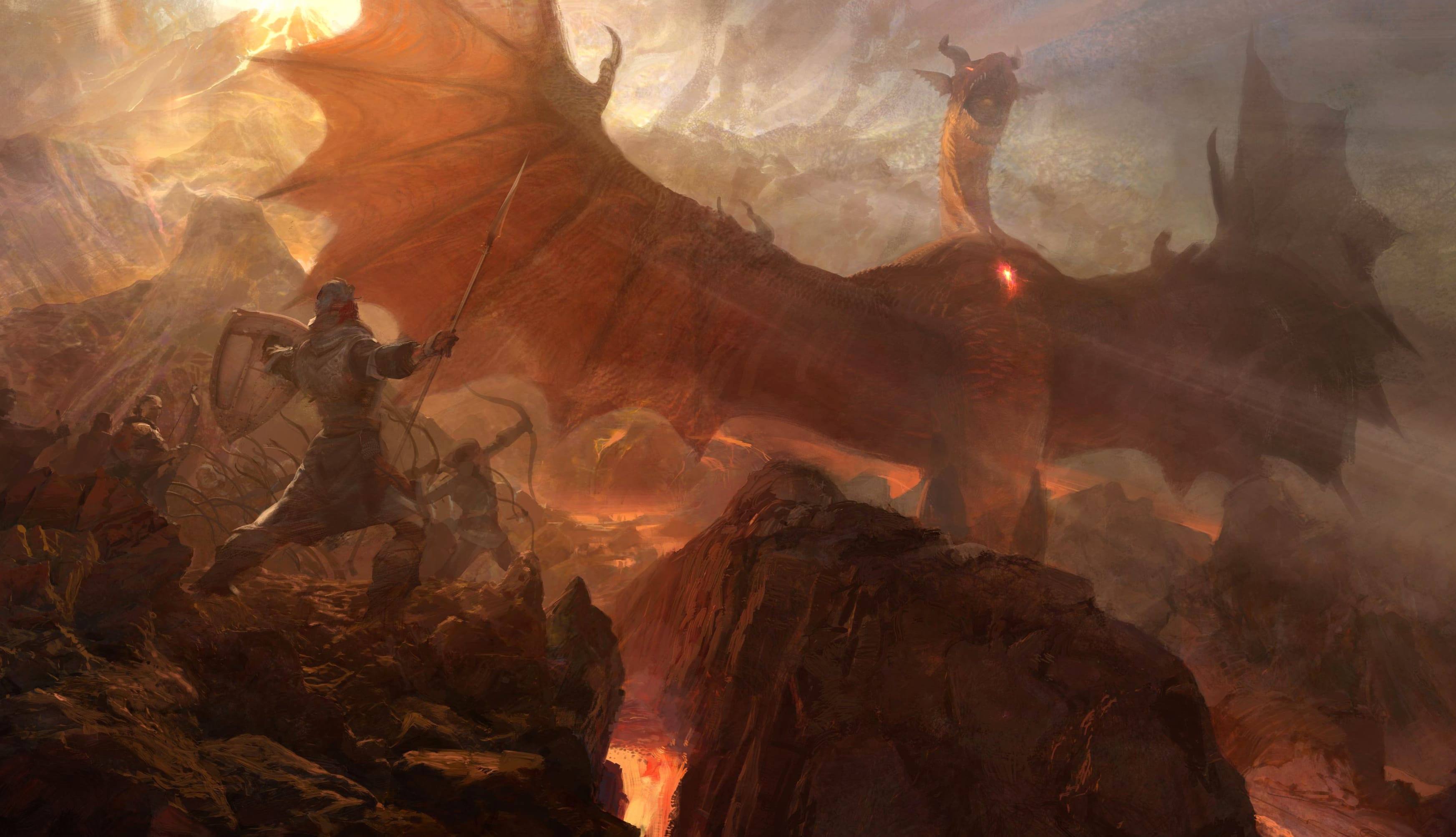 Epic Fantasy Warrior vs Dragon HD Lava Battle wallpapers HD quality