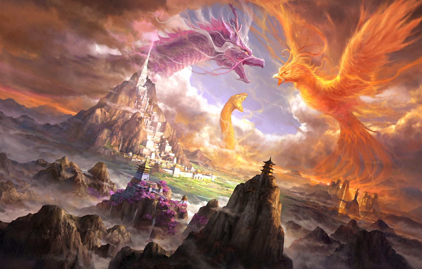 Epic Phoenix and Dragon Battle - Fantasy Castle City at 2048 x 2048 iPad size wallpapers HD quality