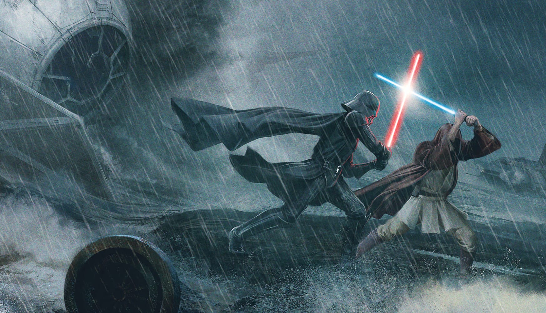 Epic Rain Duel Obi-Wan vs Darth Vader at 640 x 960 iPhone 4 size wallpapers HD quality