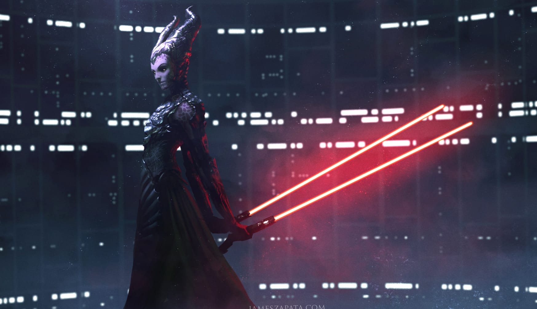 Epic Sci-Fi Wallpaper Horned Warrior with Lightsabers wallpapers HD quality