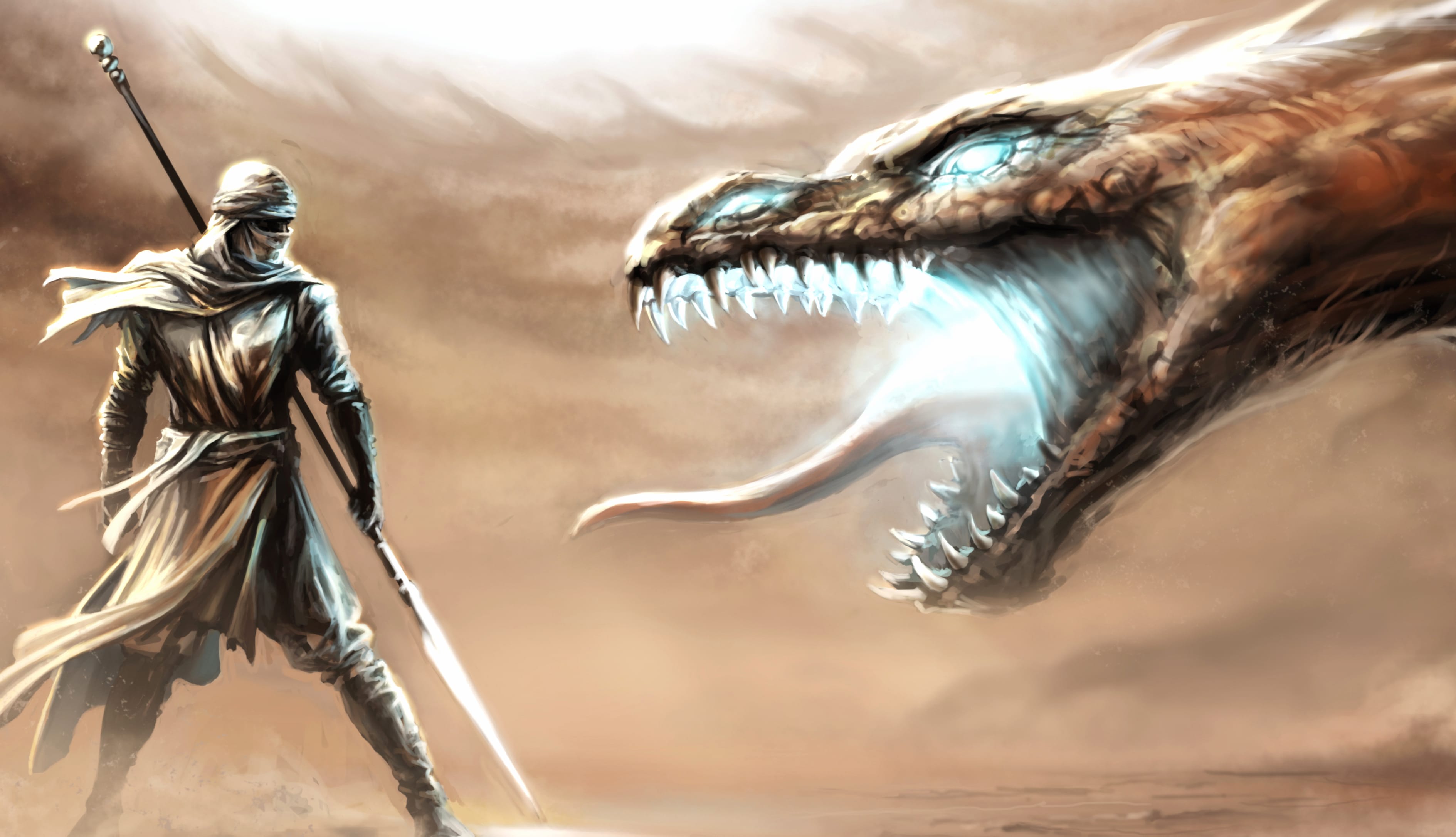 Epic Warrior vs Dragon - HD Fantasy Wallpaper at 1024 x 768 size wallpapers HD quality