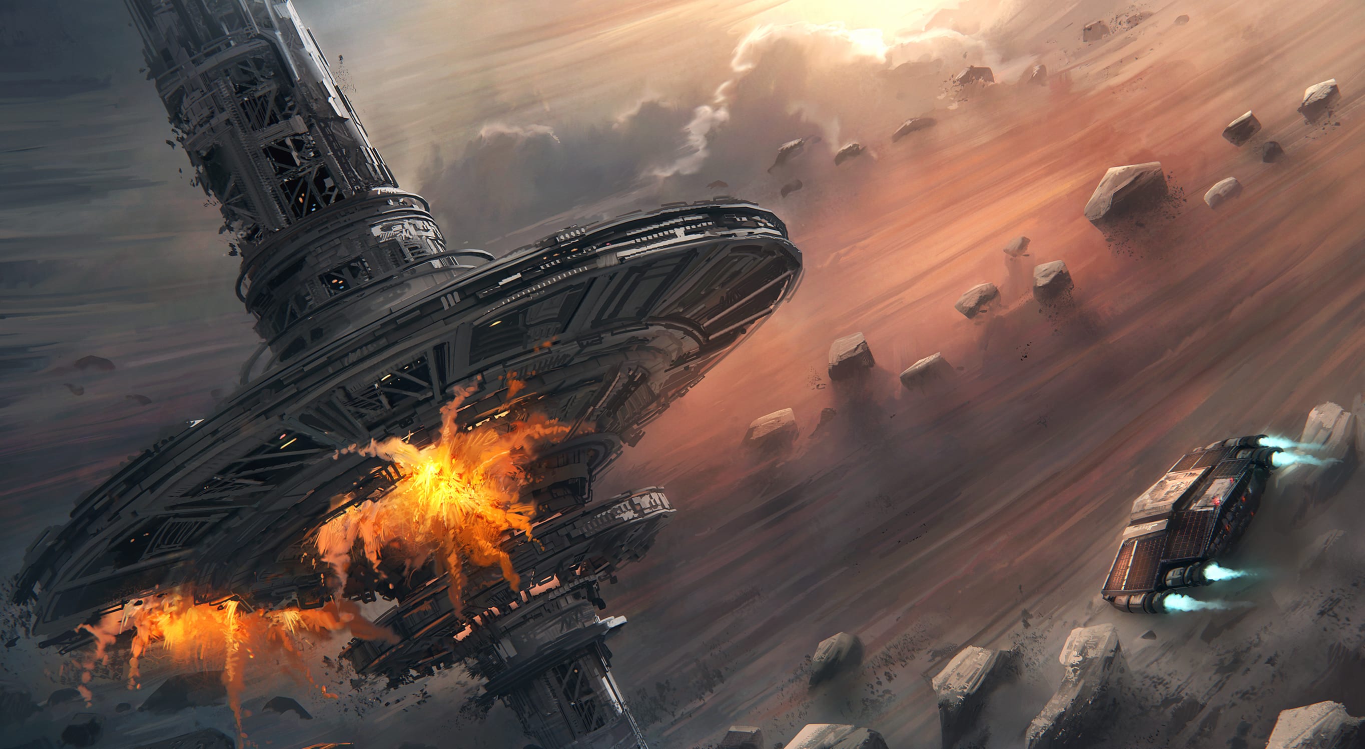 Explosion Asteroid Spaceship Sci Fi Space Station wallpapers HD quality