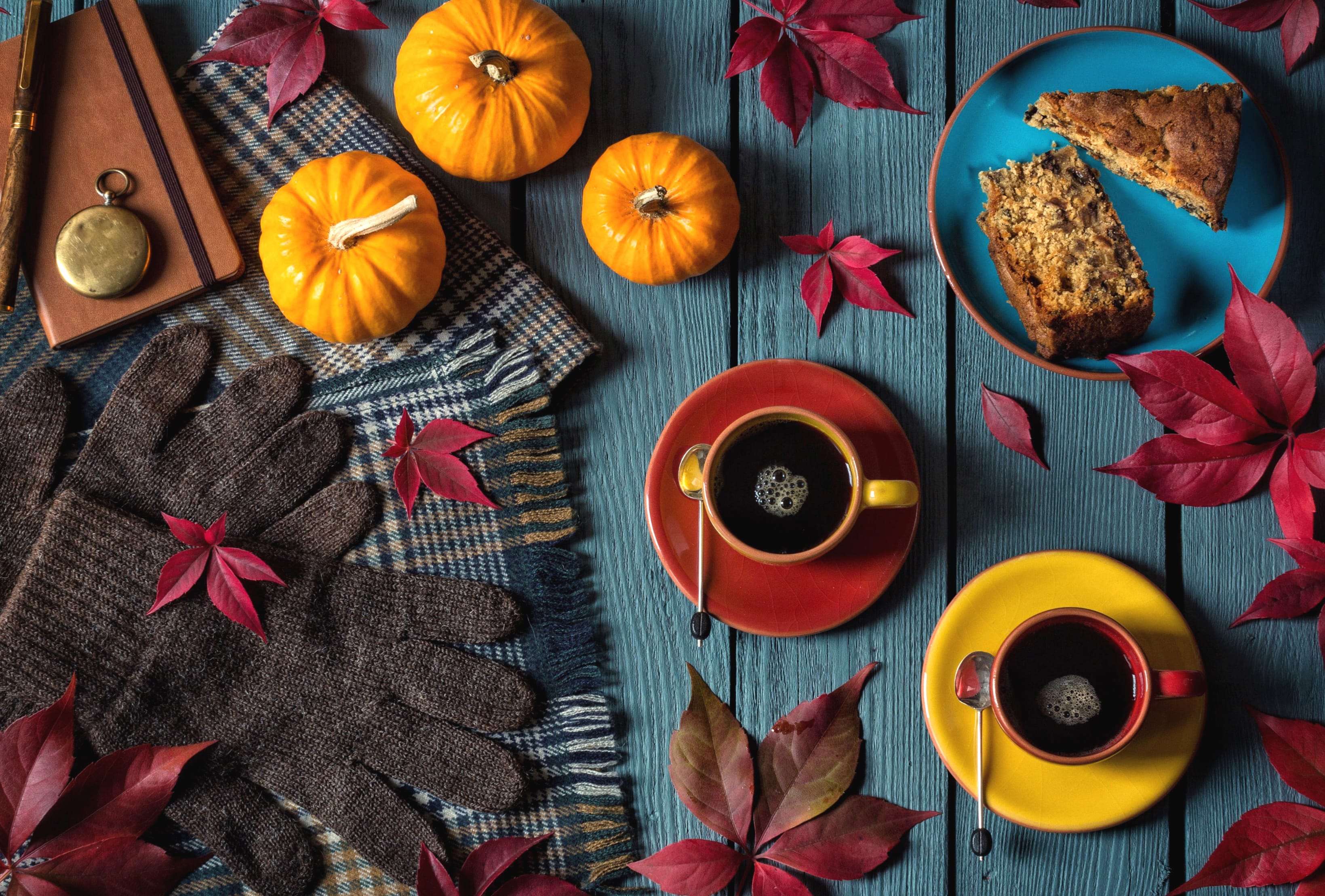 Fall Leaf Coffee Cake Pumpkin Glove Photography Still Life wallpapers HD quality