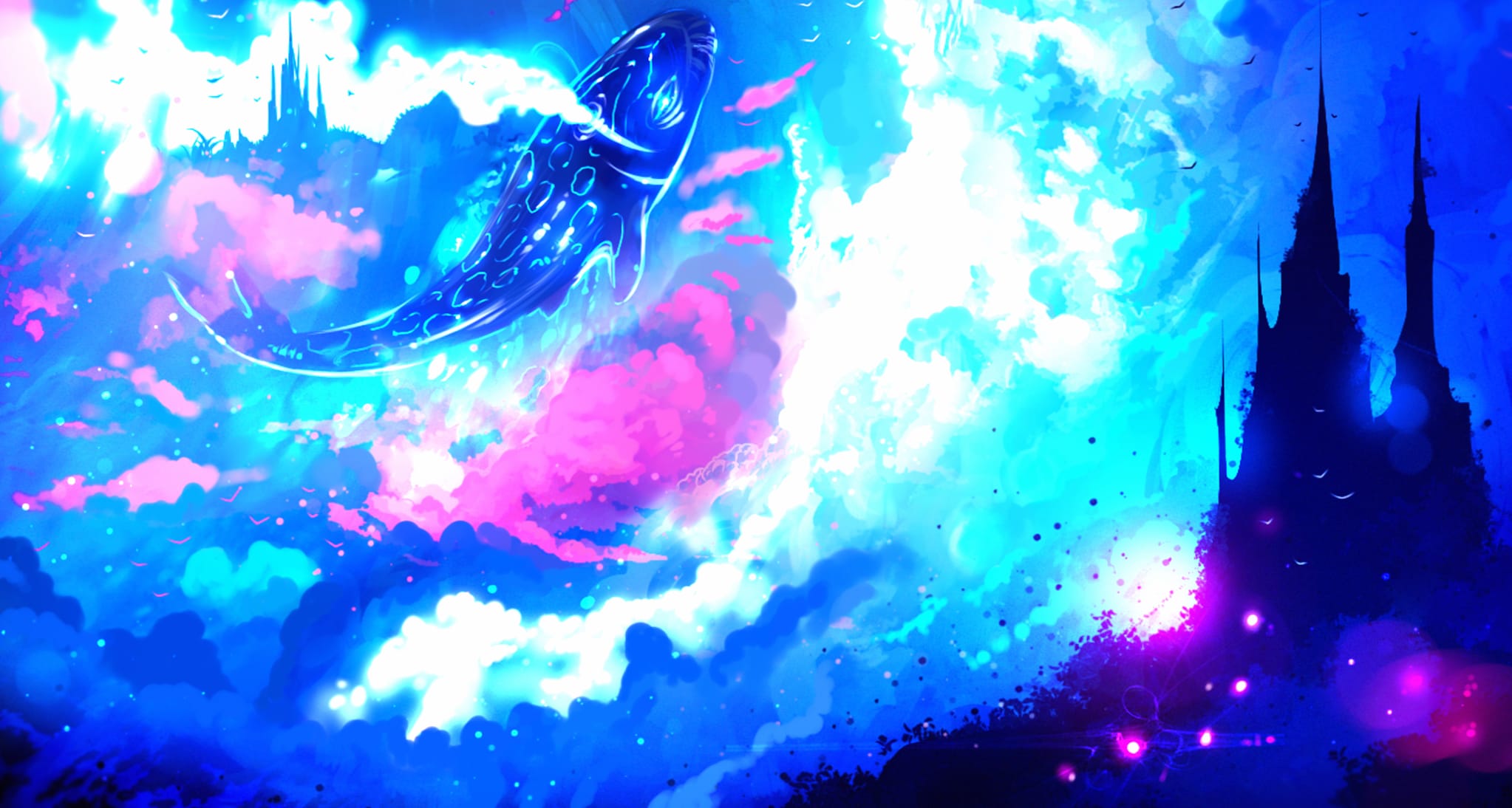 Fantasy Anime Castle and Cloud Whale wallpapers HD quality