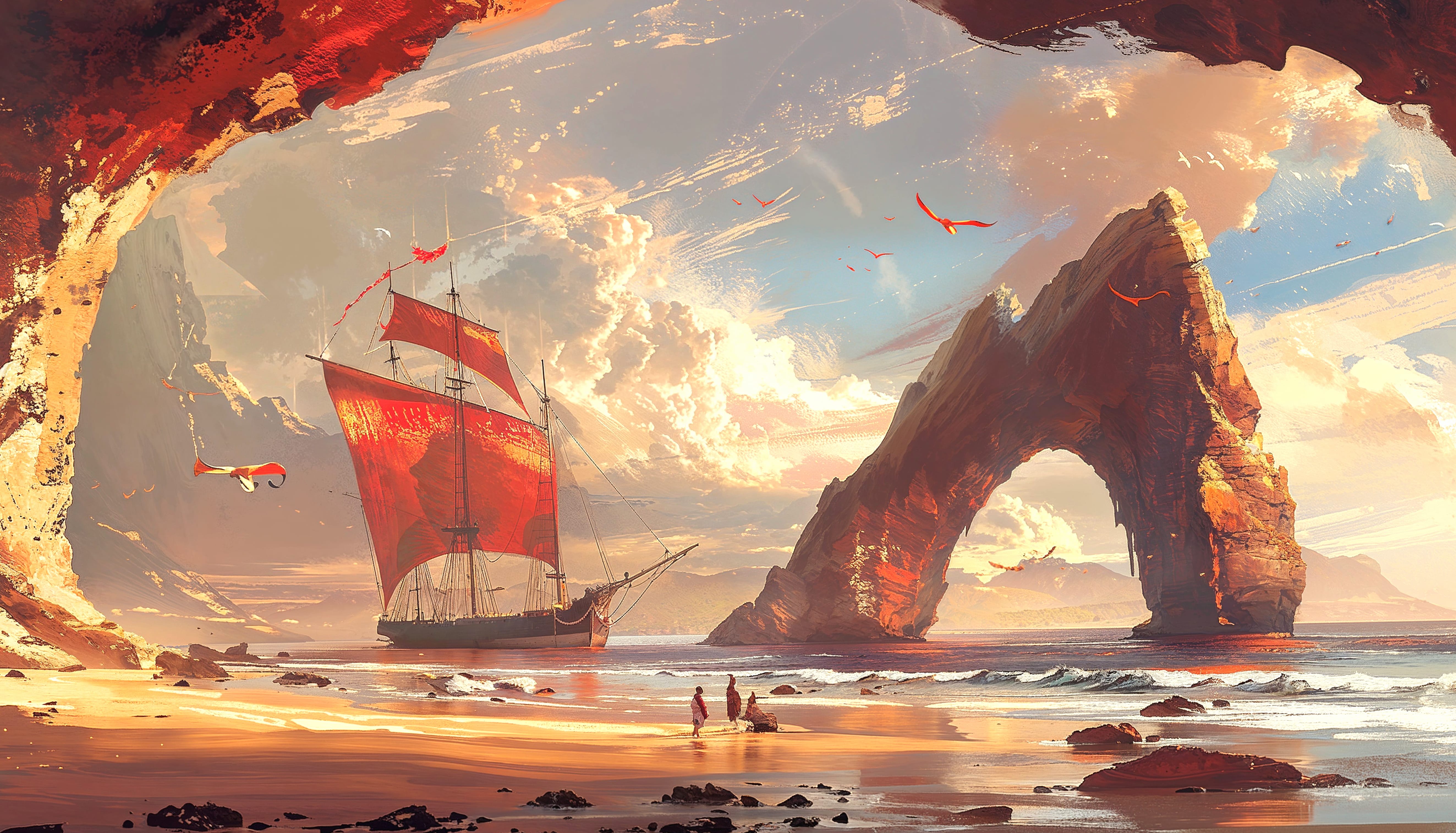 Fantasy Beach Adventure Mystic Ship and Rocky Arch at 2048 x 2048 iPad size wallpapers HD quality