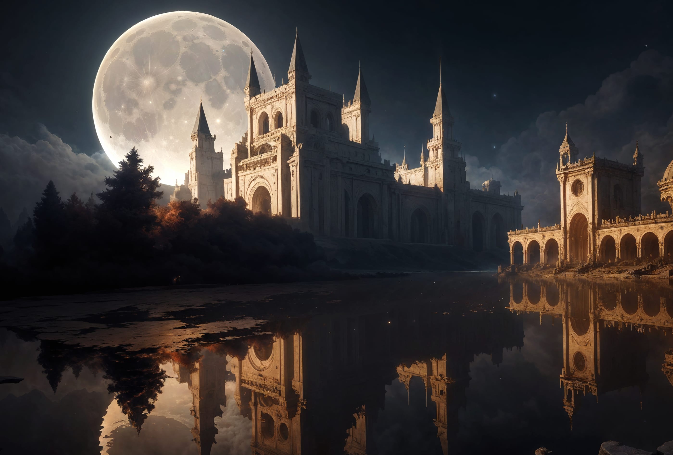 Fantasy Castle Moon Pond Reflection at 320 x 480 iPhone size wallpapers HD quality