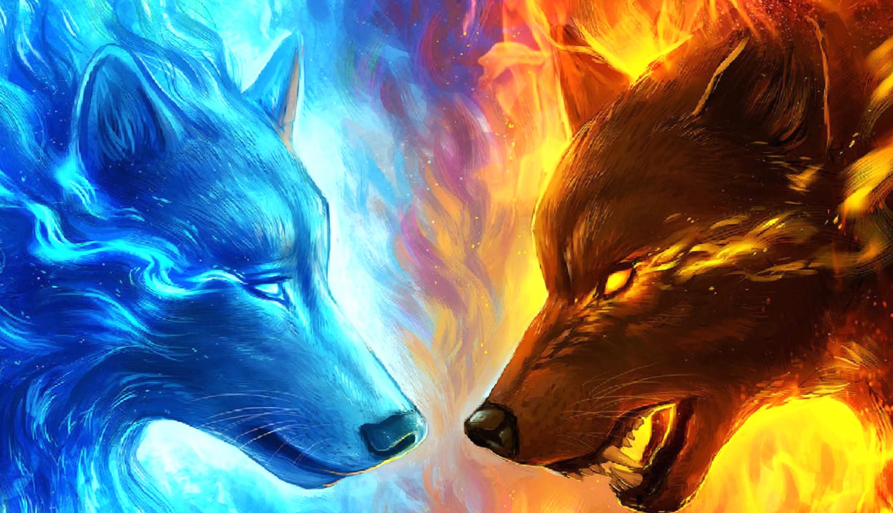 Fantasy Fire and Ice Wolves at 2560 x 1440 HD size wallpapers HD quality