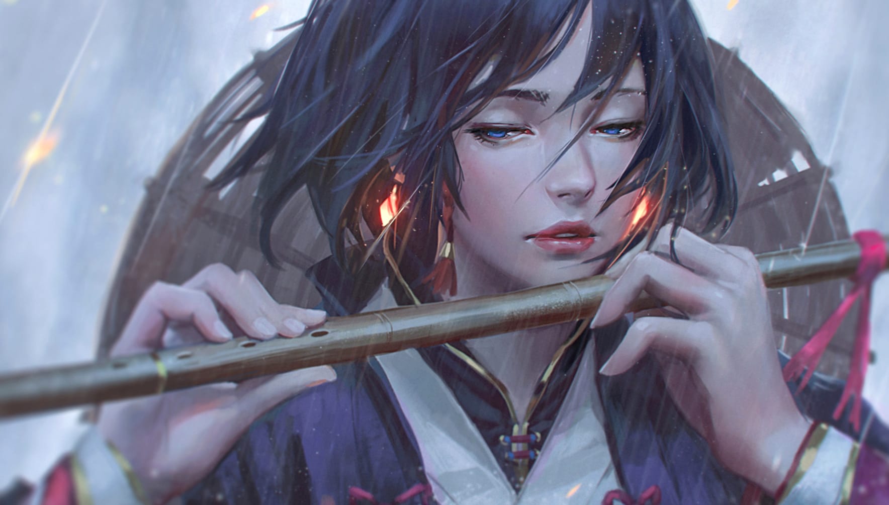 Fantasy Flutist in Rain - wallpapers HD quality