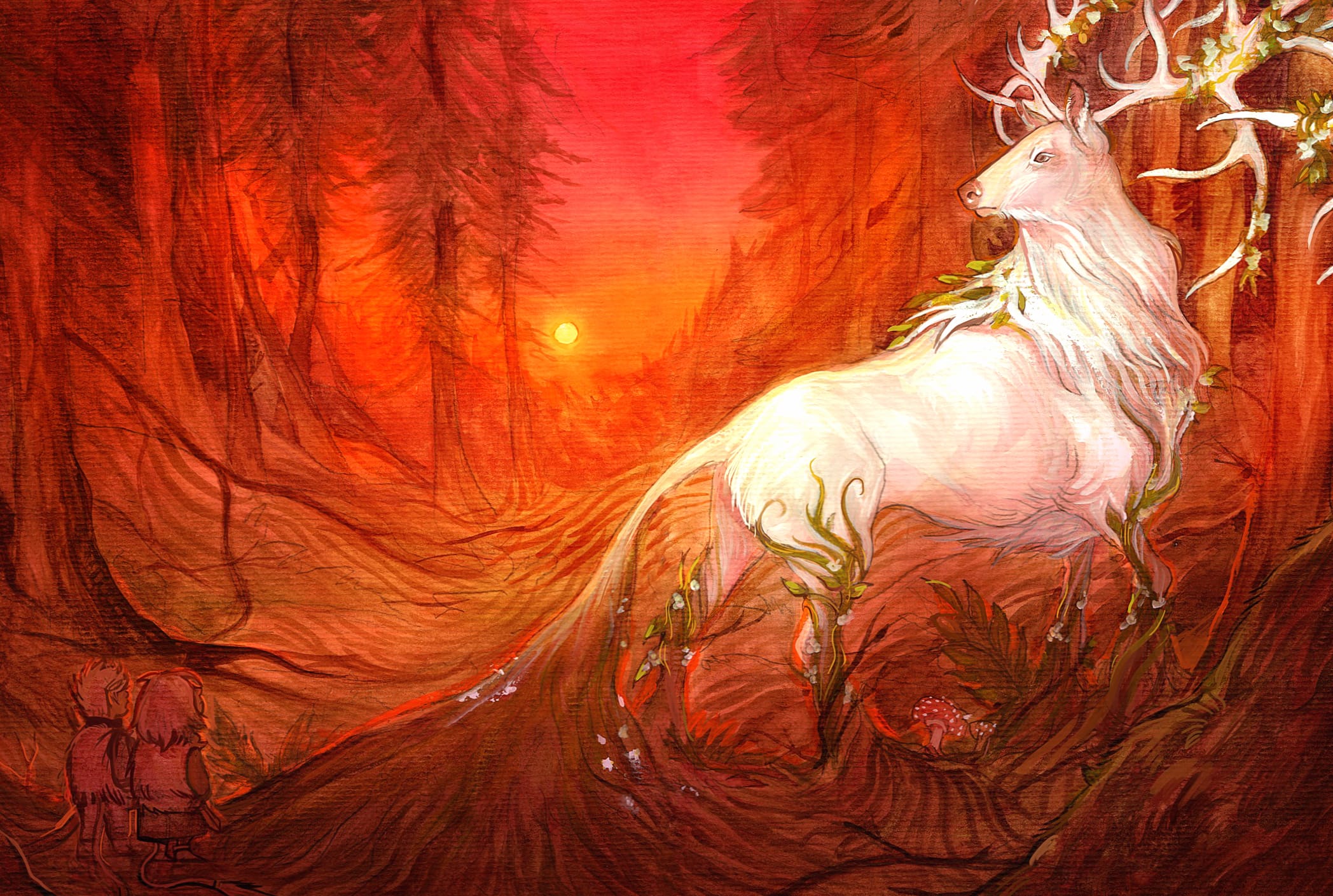 Fantasy Forest Enchanted Deer in Orange Glow - wallpapers HD quality