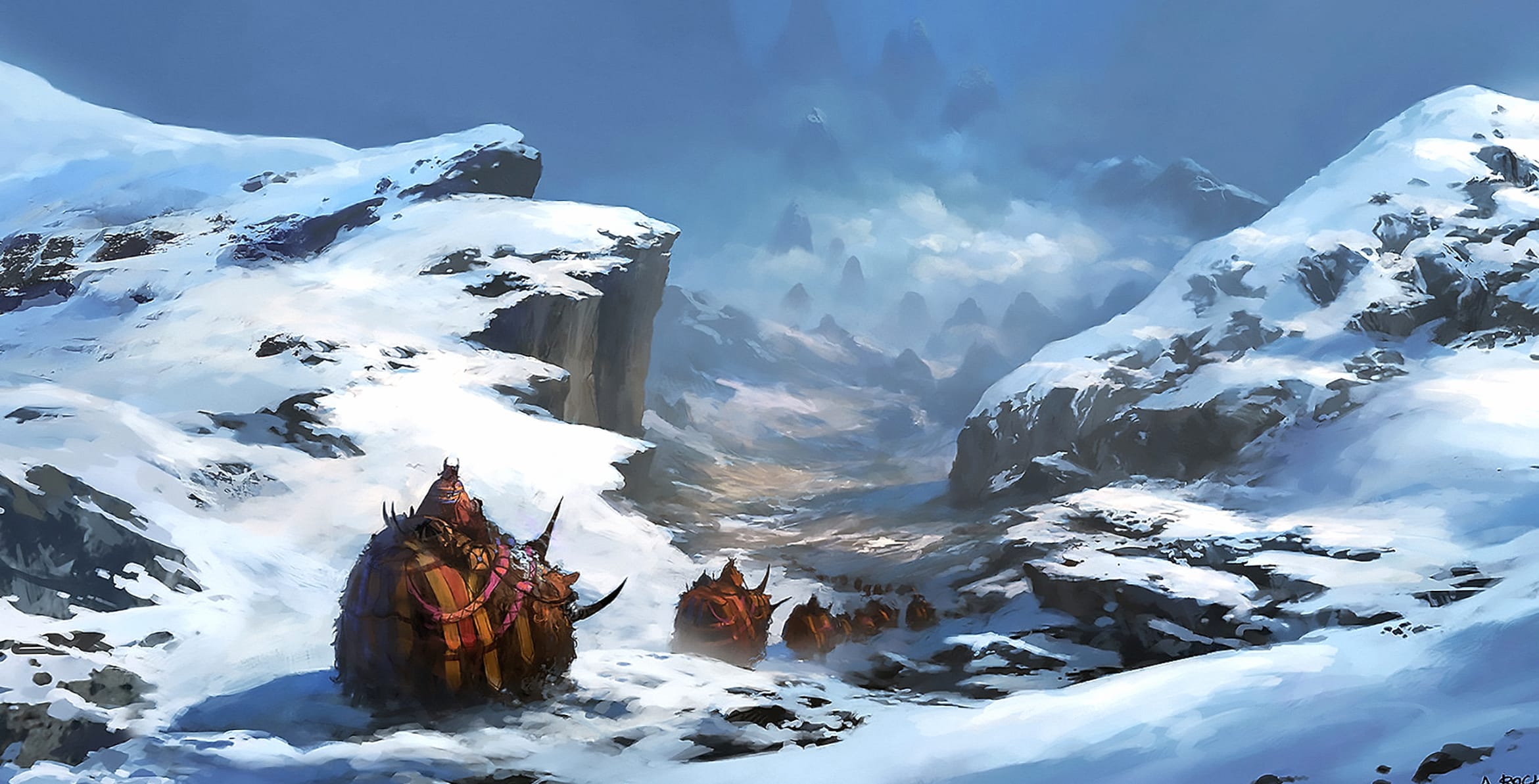 Fantasy Mammoth Caravan in Snowy Mountains wallpapers HD quality