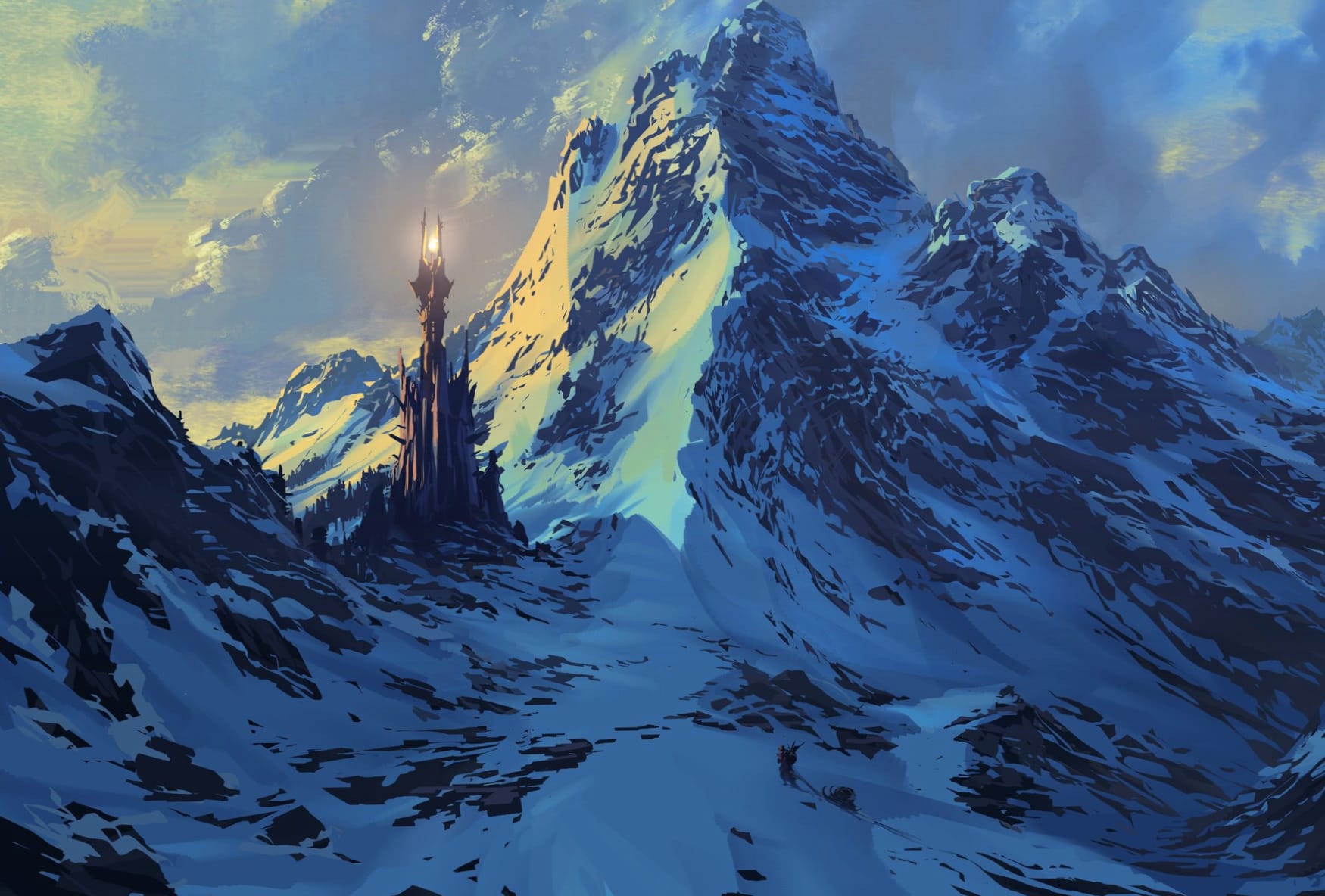 Fantasy Mountain Tower Snowy at 2048 x 2048 iPad size wallpapers HD quality