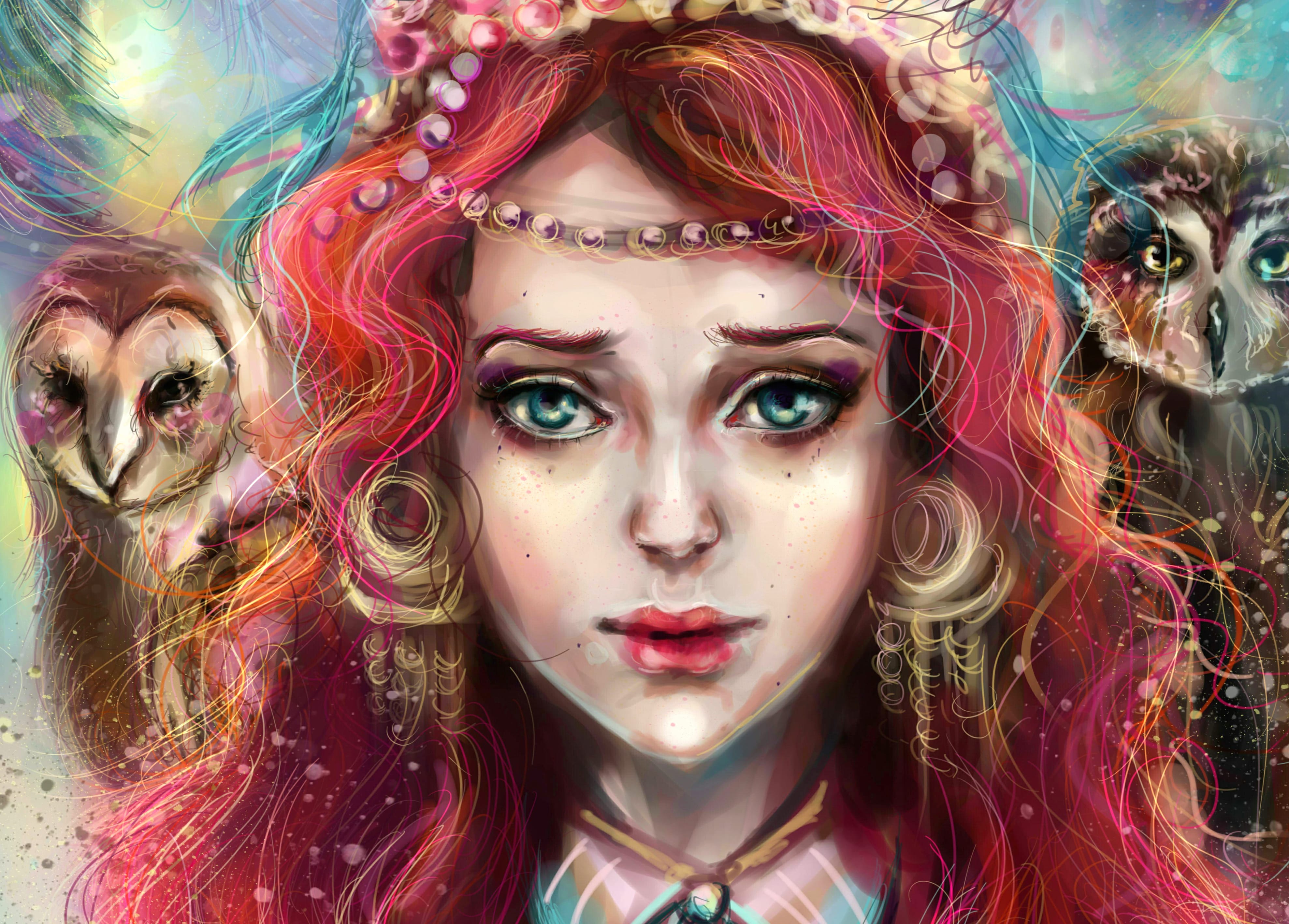 Fantasy Owl Mystique of a Red-Haired Enchantress at 1280 x 720 HD size wallpapers HD quality