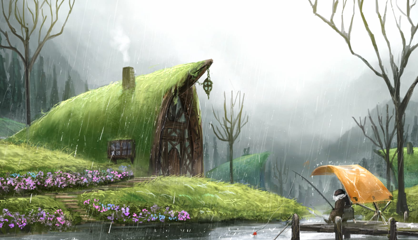 Fantasy Rainy Pond House - at 1920 x 1080 HD size wallpapers HD quality