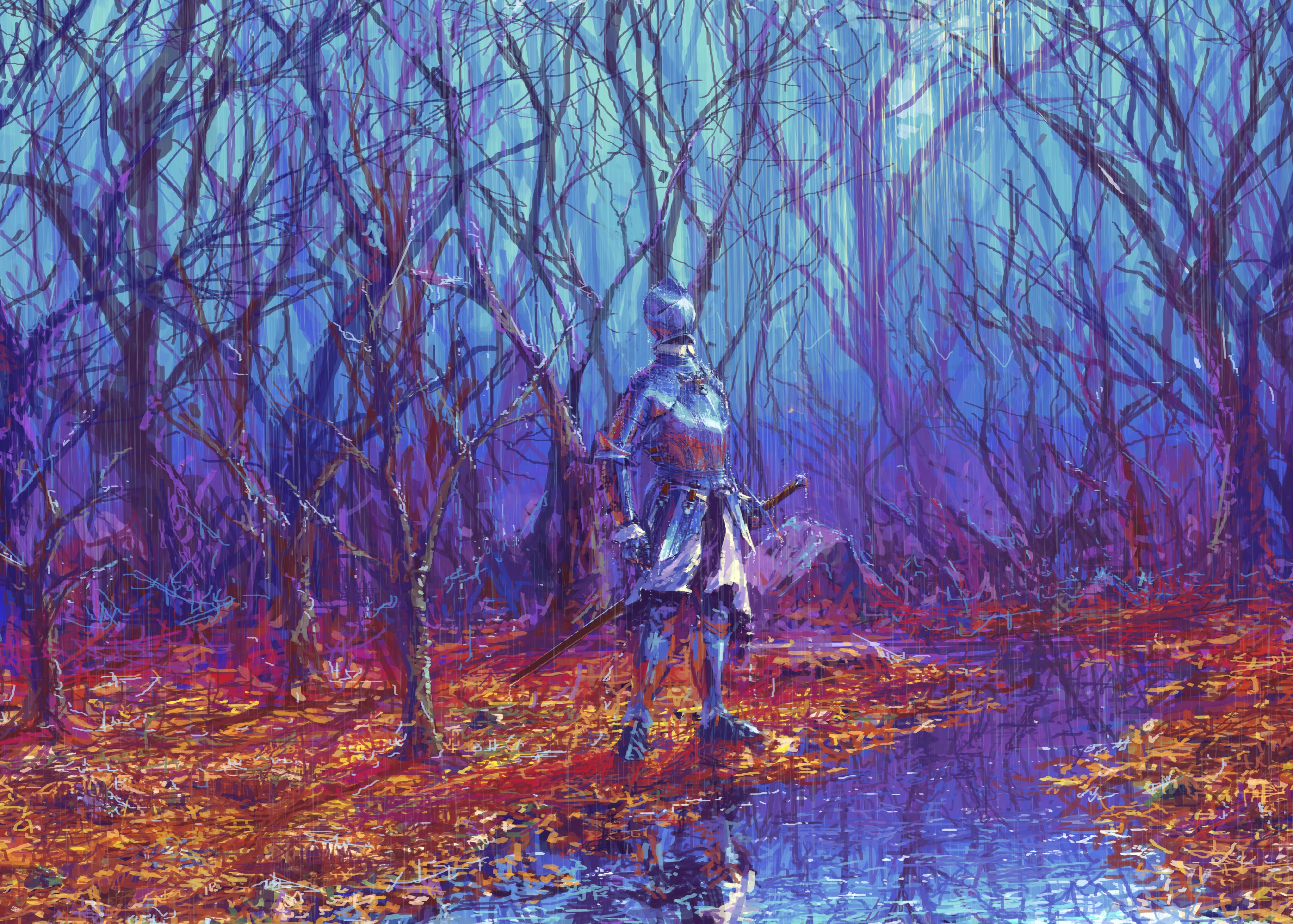 Fantasy Warrior in Rainy Forest - at 2560 x 1440 HD size wallpapers HD quality