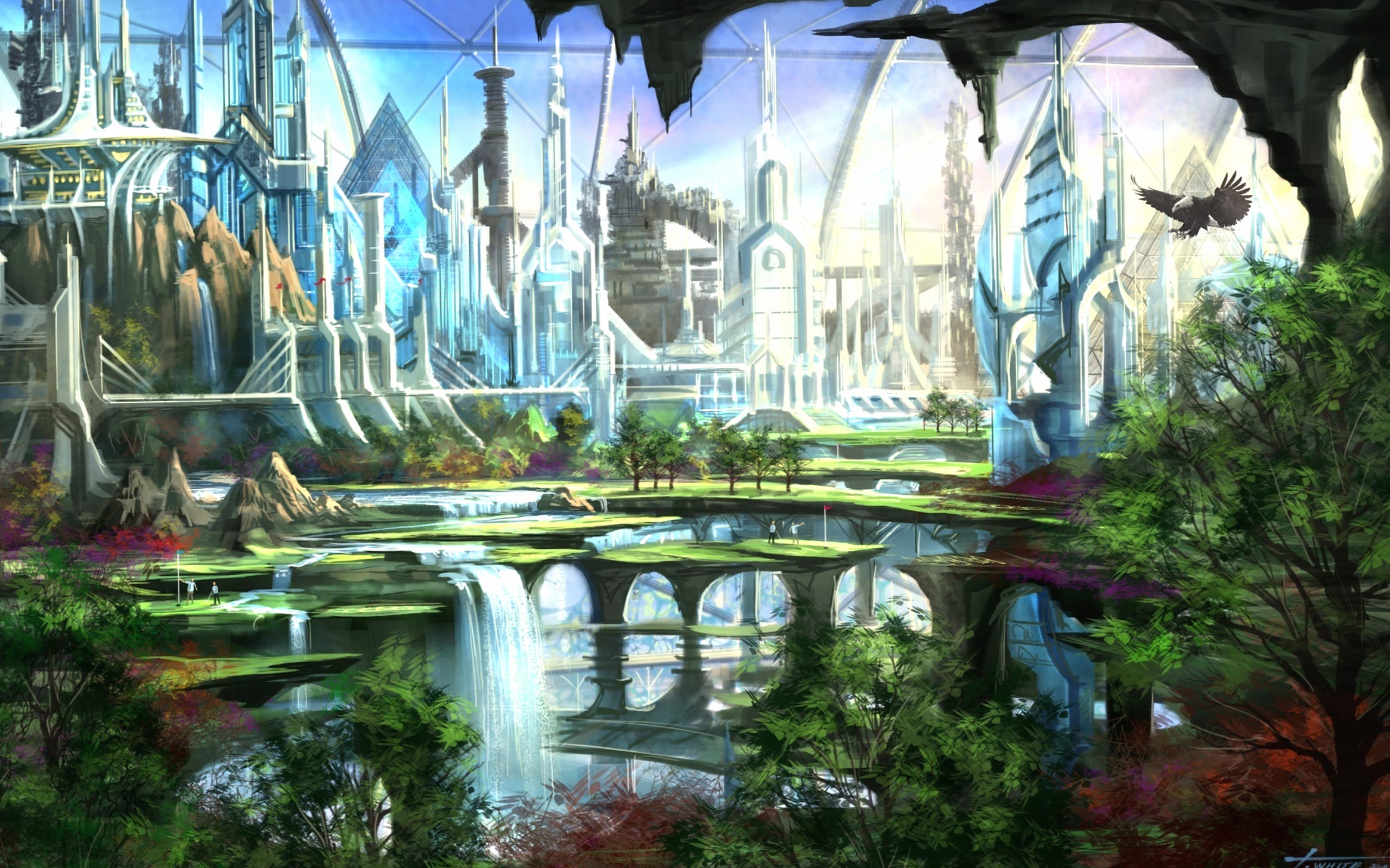 Fantasy Waterfall City at 320 x 480 iPhone size wallpapers HD quality