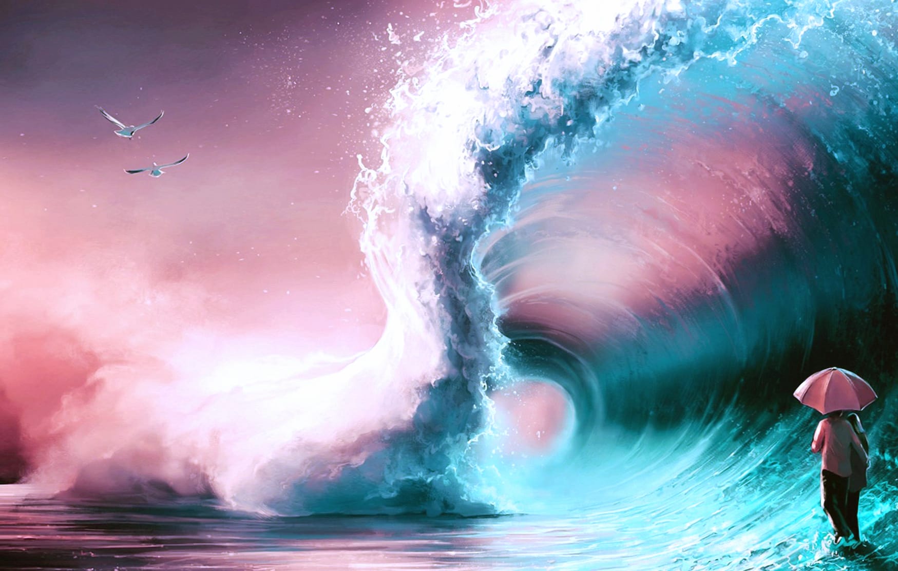 Fantasy Wave Umbrella Couple at 1536 x 864 HD size wallpapers HD quality