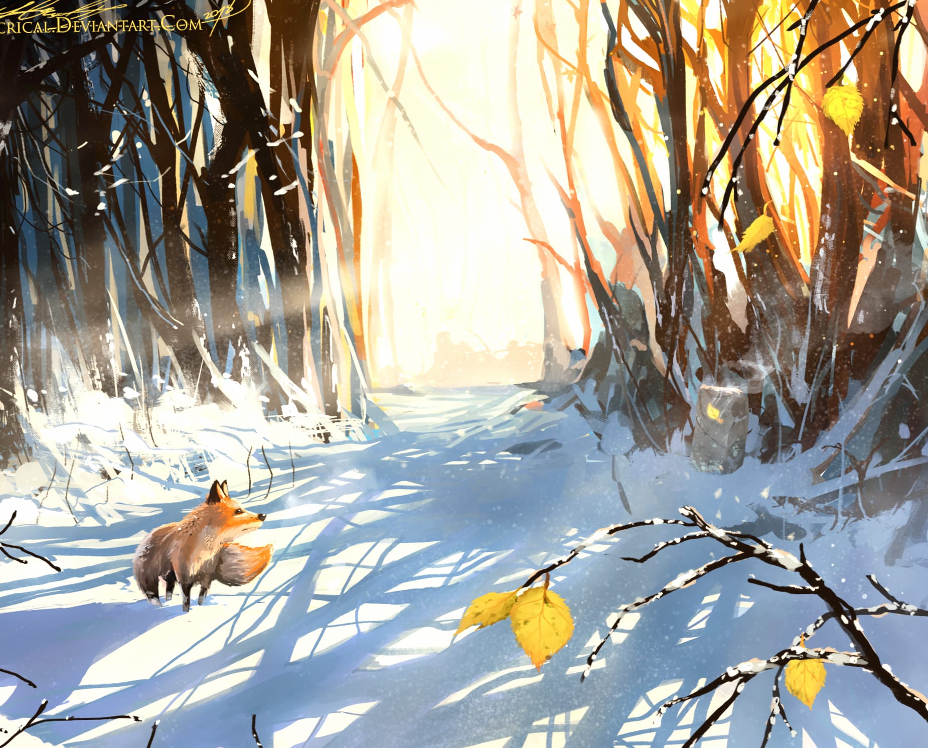 Fantasy Winter Fox in Sunlit Forest - at 1536 x 864 HD size wallpapers HD quality