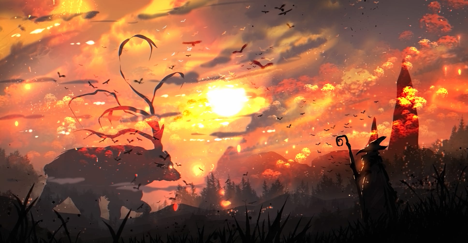 Fantasy Wizard and Creature Sunset wallpapers HD quality