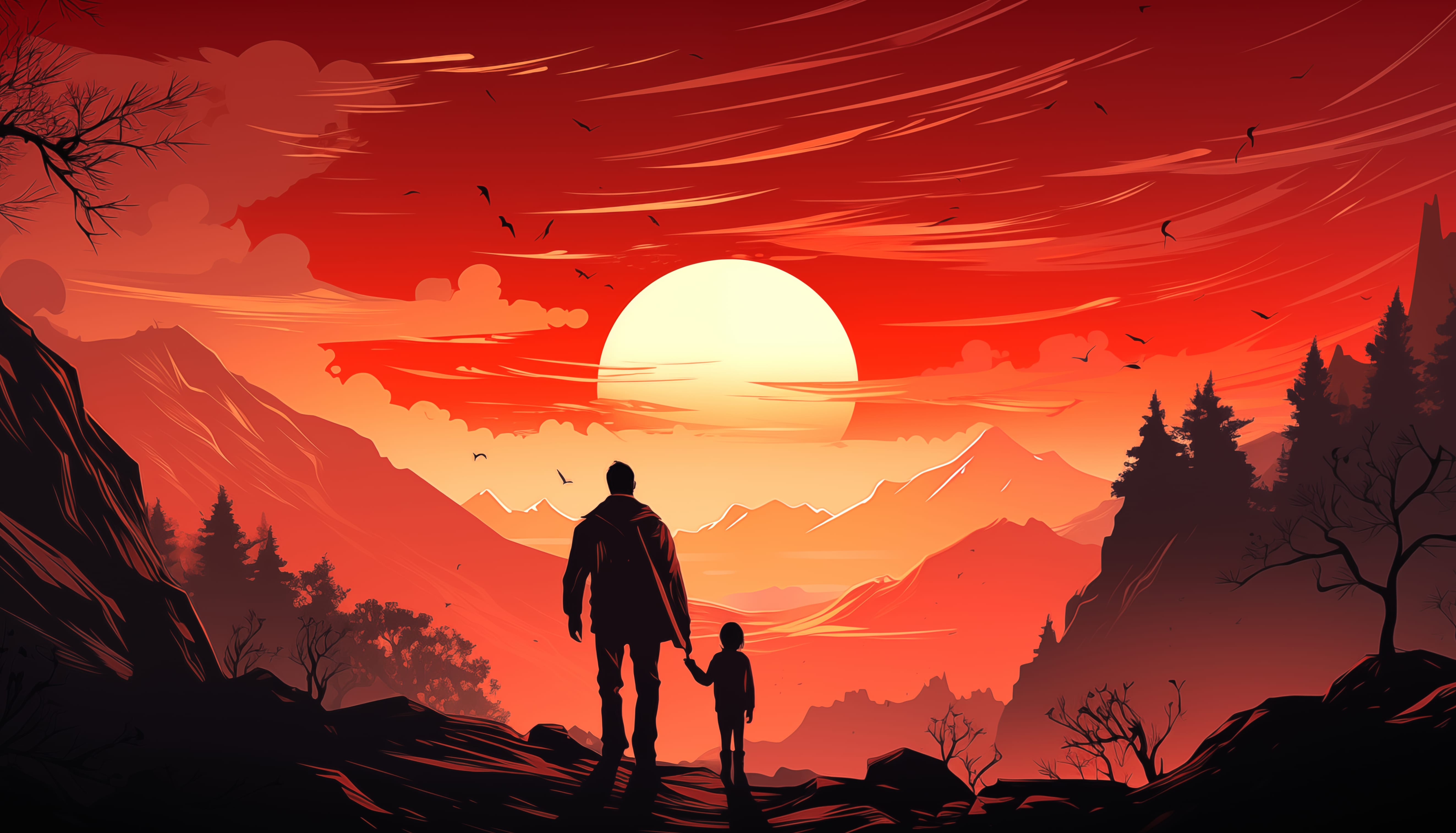 Father-Daughter Bond in Sunset Landscape wallpapers HD quality