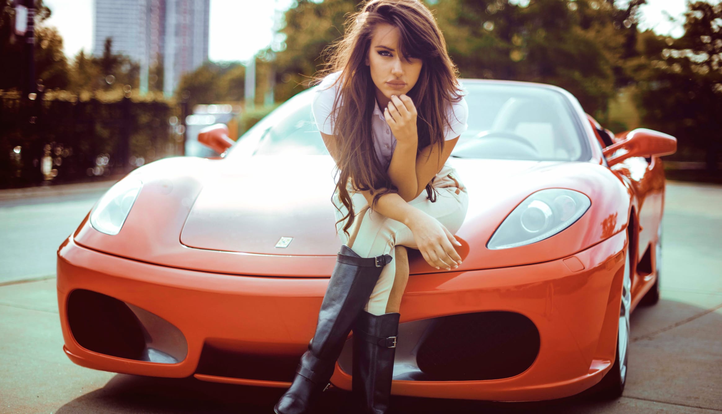 Ferrari Model with Boots and Brown Hair wallpapers HD quality