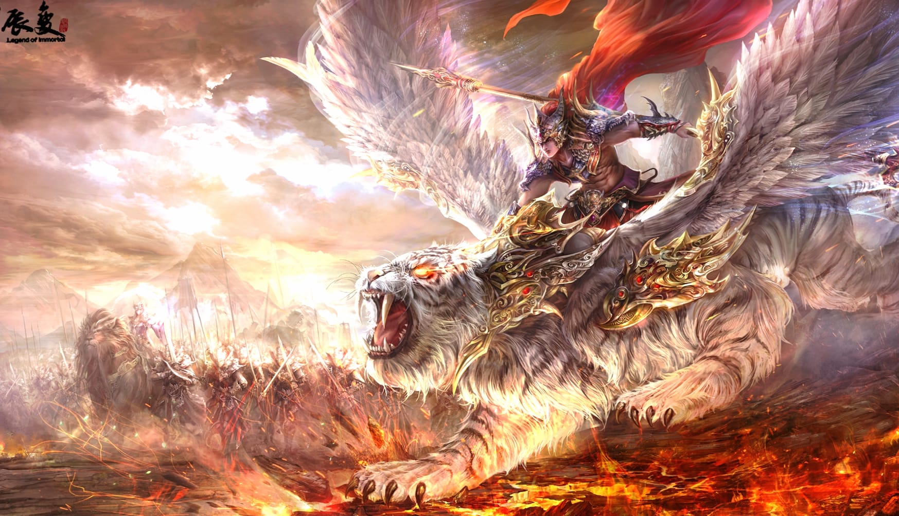 Fiery Skies Fantasy Warrior at 1024 x 1024 iPad size wallpapers HD quality