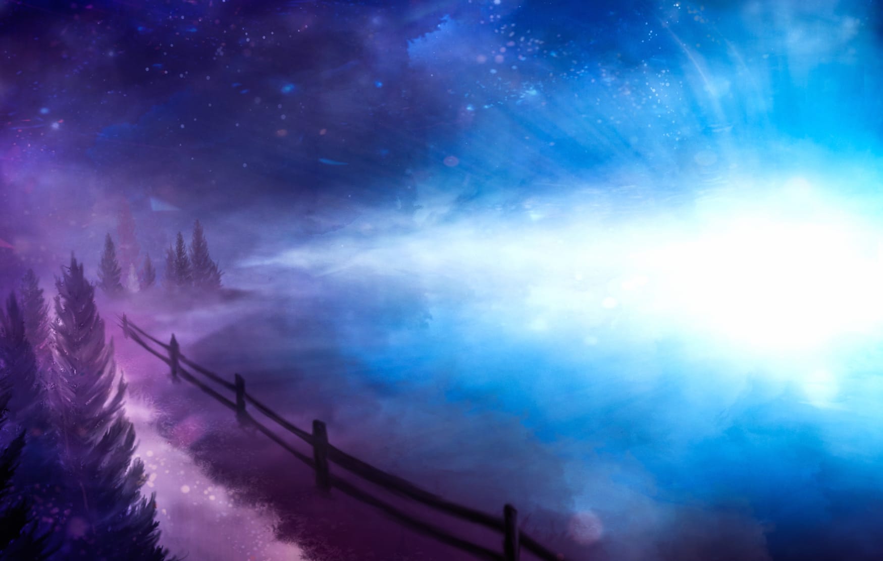 Fog Road Tree Cloud Star Sky Fantasy Landscape wallpapers HD quality