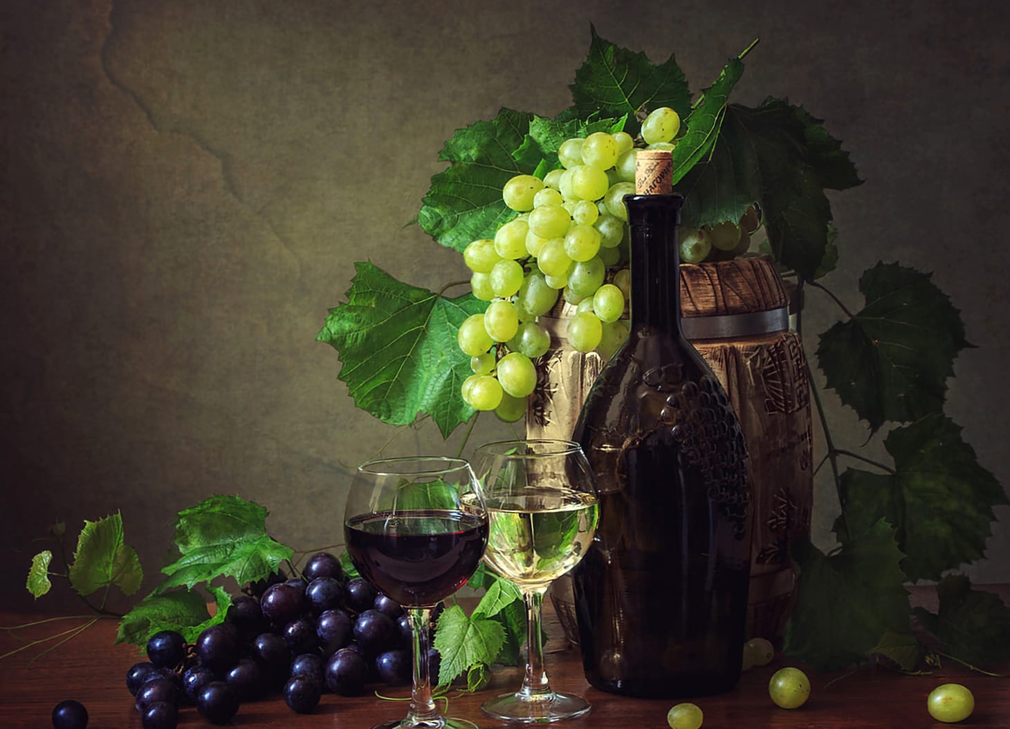 Glass Leaf Cask Wine Grapes Photography Still Life Wallpaper wallpapers HD quality