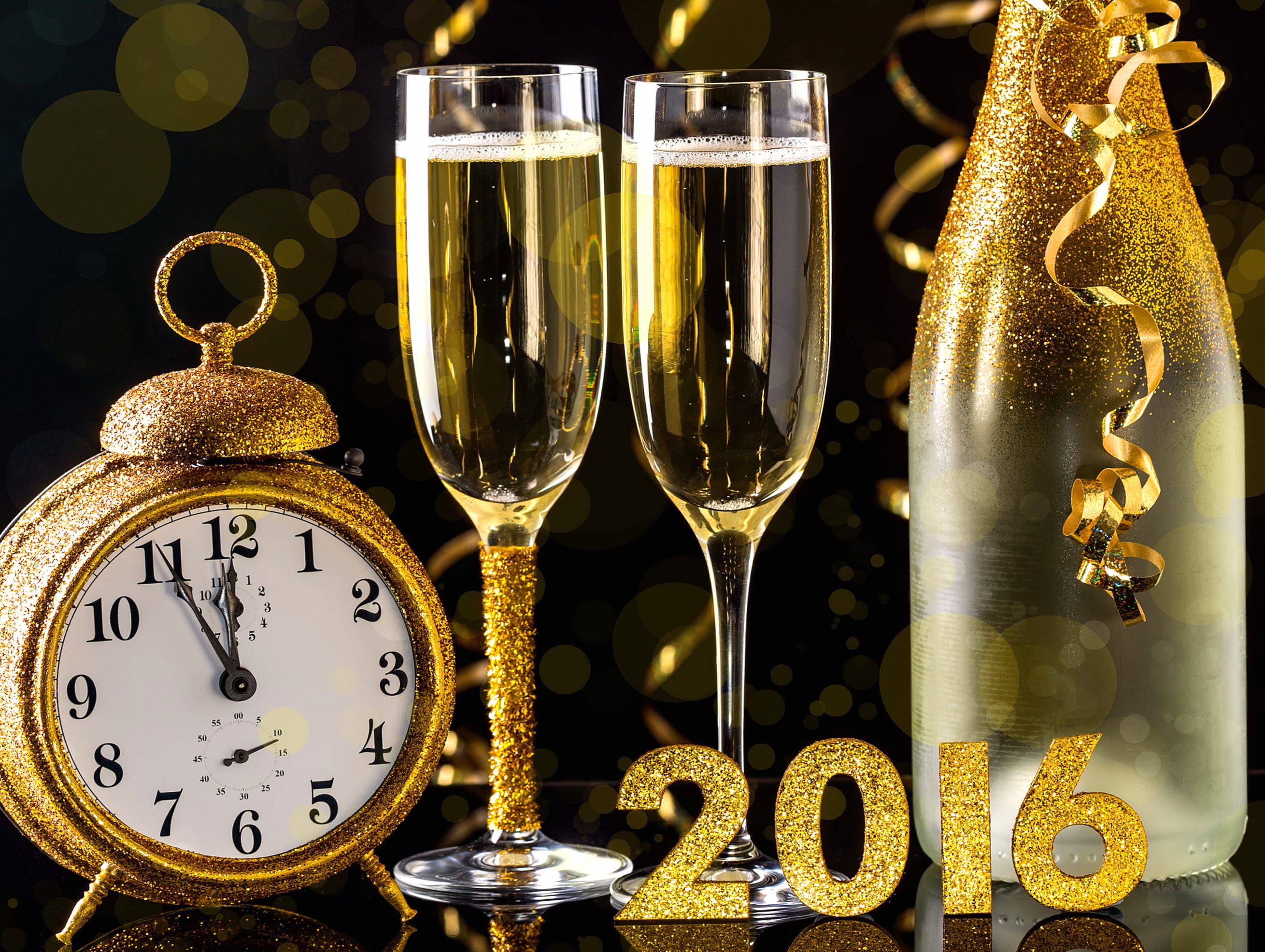 Glass New Year Clock Bottle Champagne Holiday New Year 2016 wallpapers HD quality