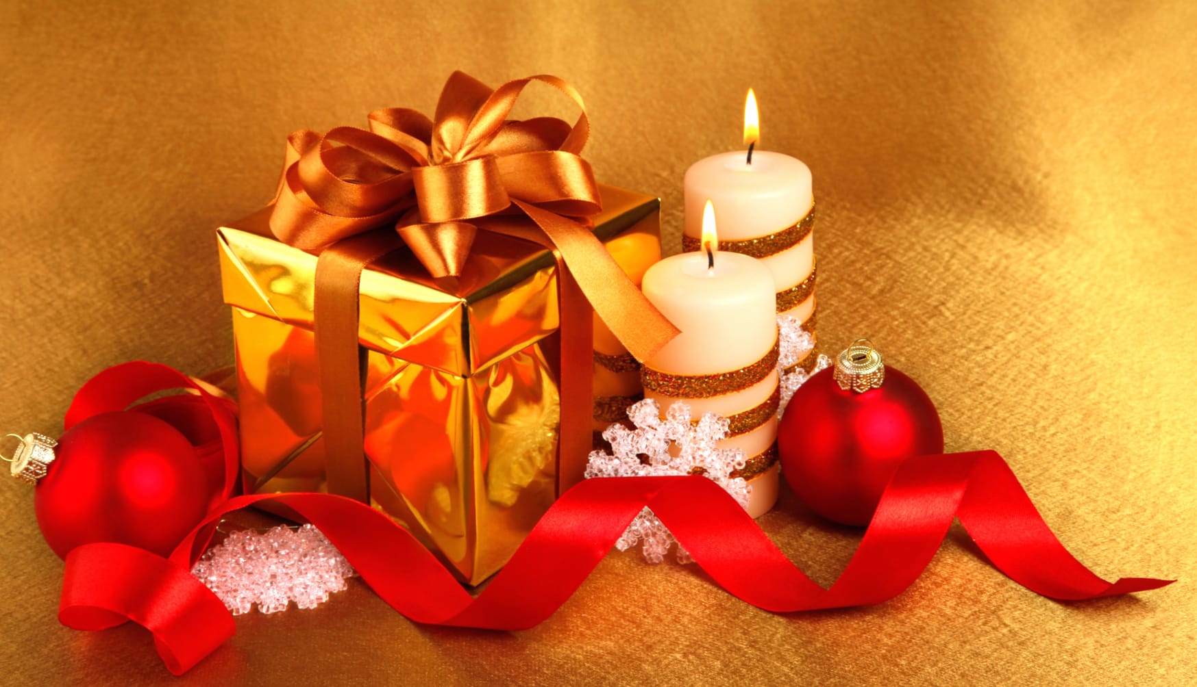 Gold Ribbon Gift Candle Christmas Ornaments Holiday Christmas at 2560 x 1440 HD size wallpapers HD quality