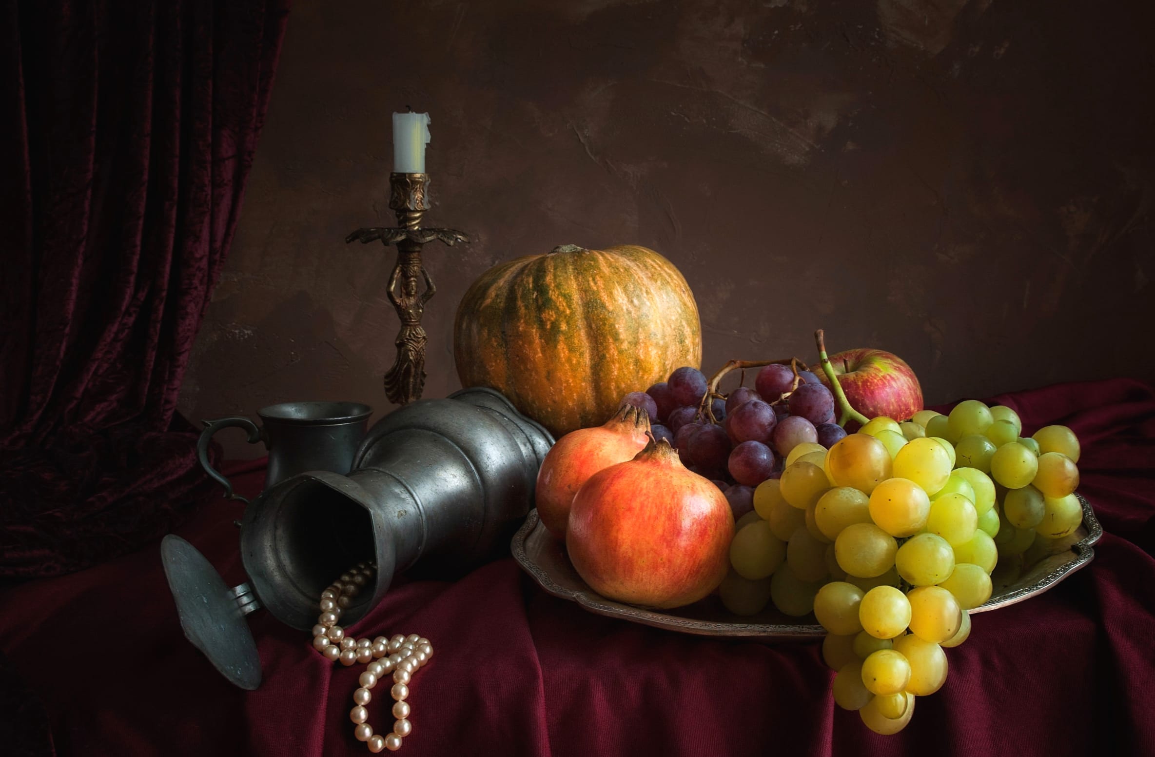 Grapes Gourd Fruit Candle Cup Pitcher Photography Still Life wallpapers HD quality