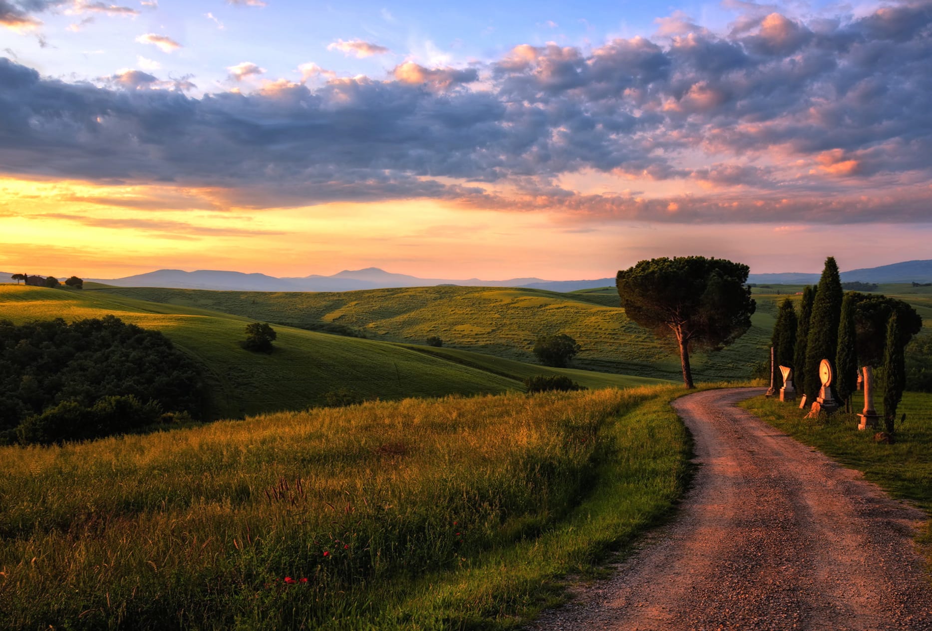 Grass Cloud Hill Tree Landscape Road Italy Photography Tuscany wallpapers HD quality