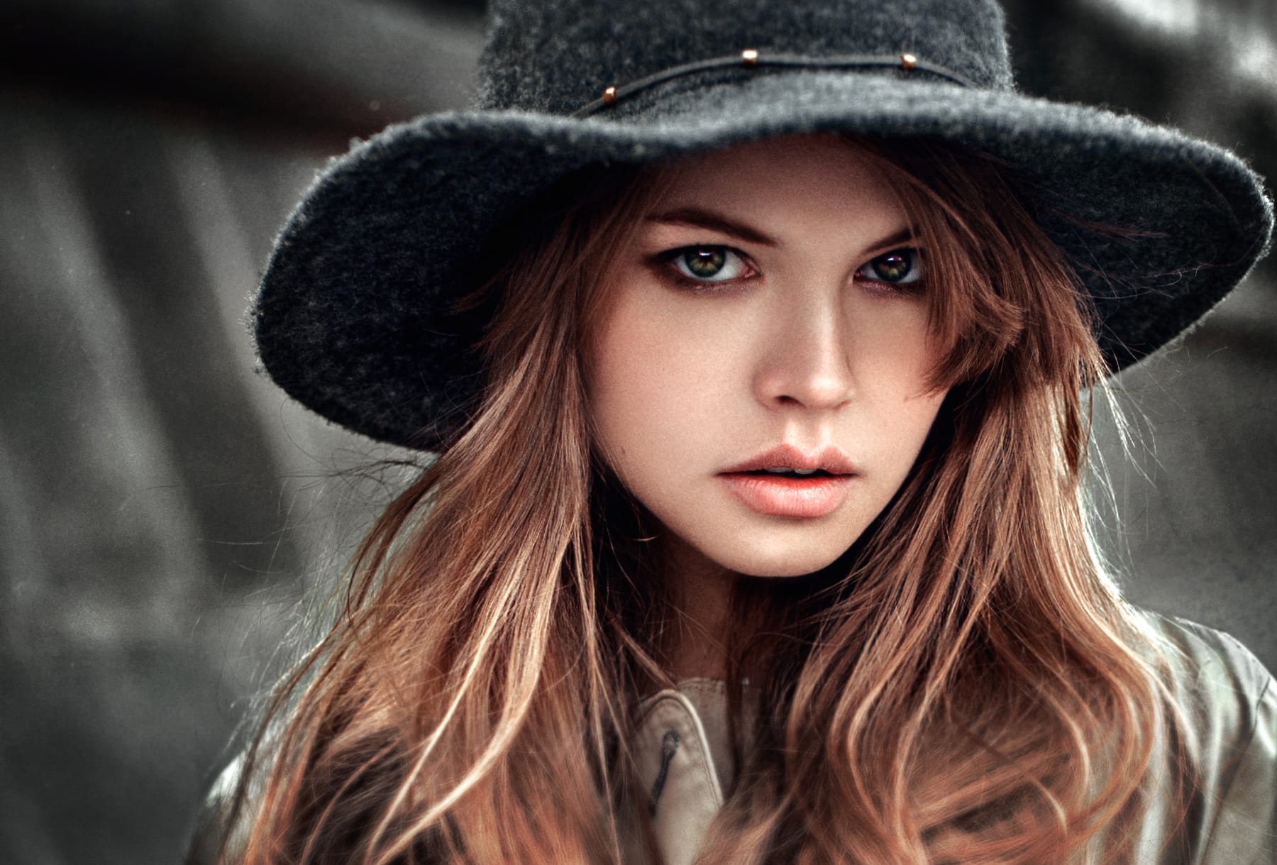 Green-Eyed Brunette Model with Hat at 1920 x 1080 HD size wallpapers HD quality